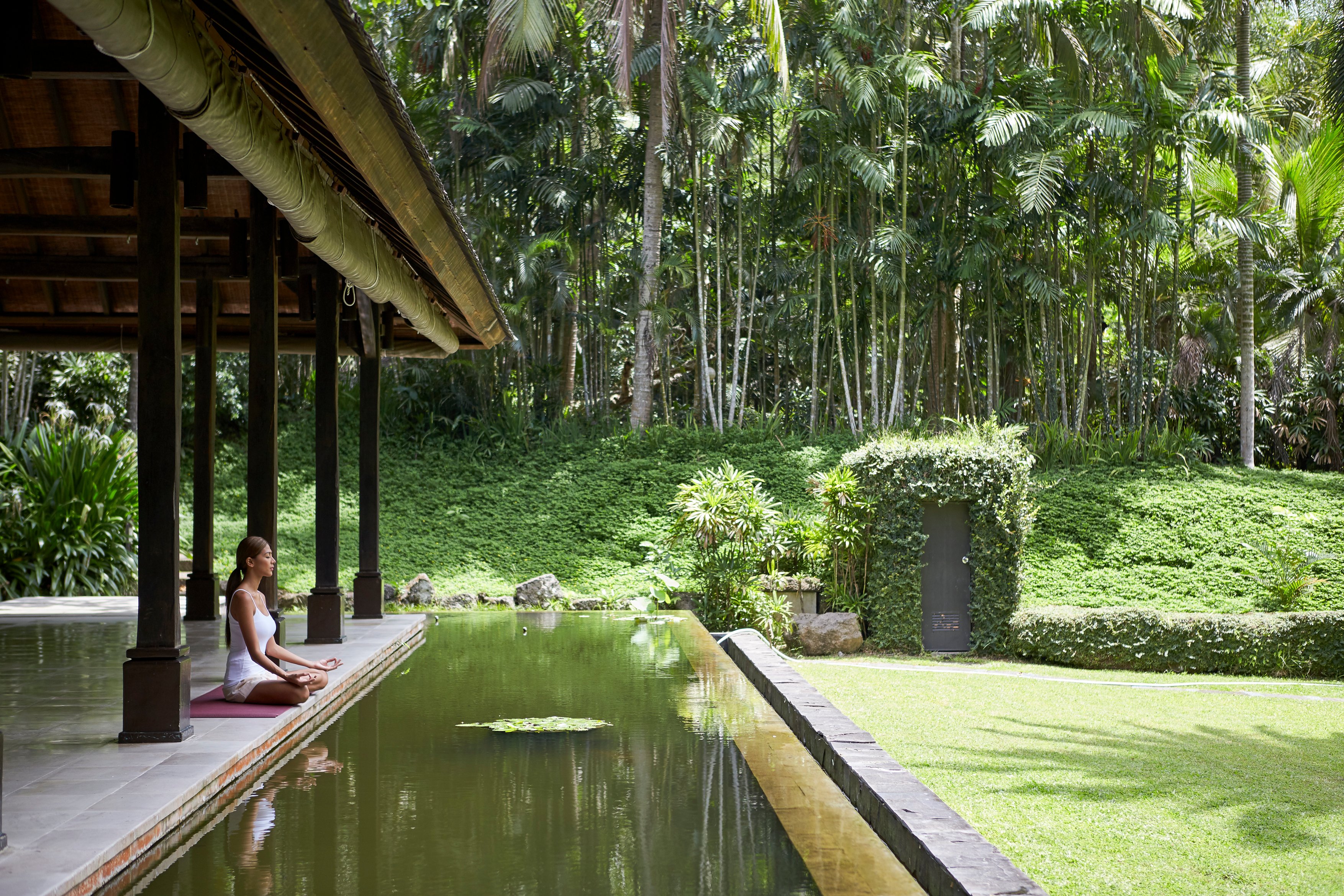 A woman on the left side of the image is sitting down in a cross-legged yoga pose, meditating beneath an open-air roof in a lush jungle setting in the Philippines.