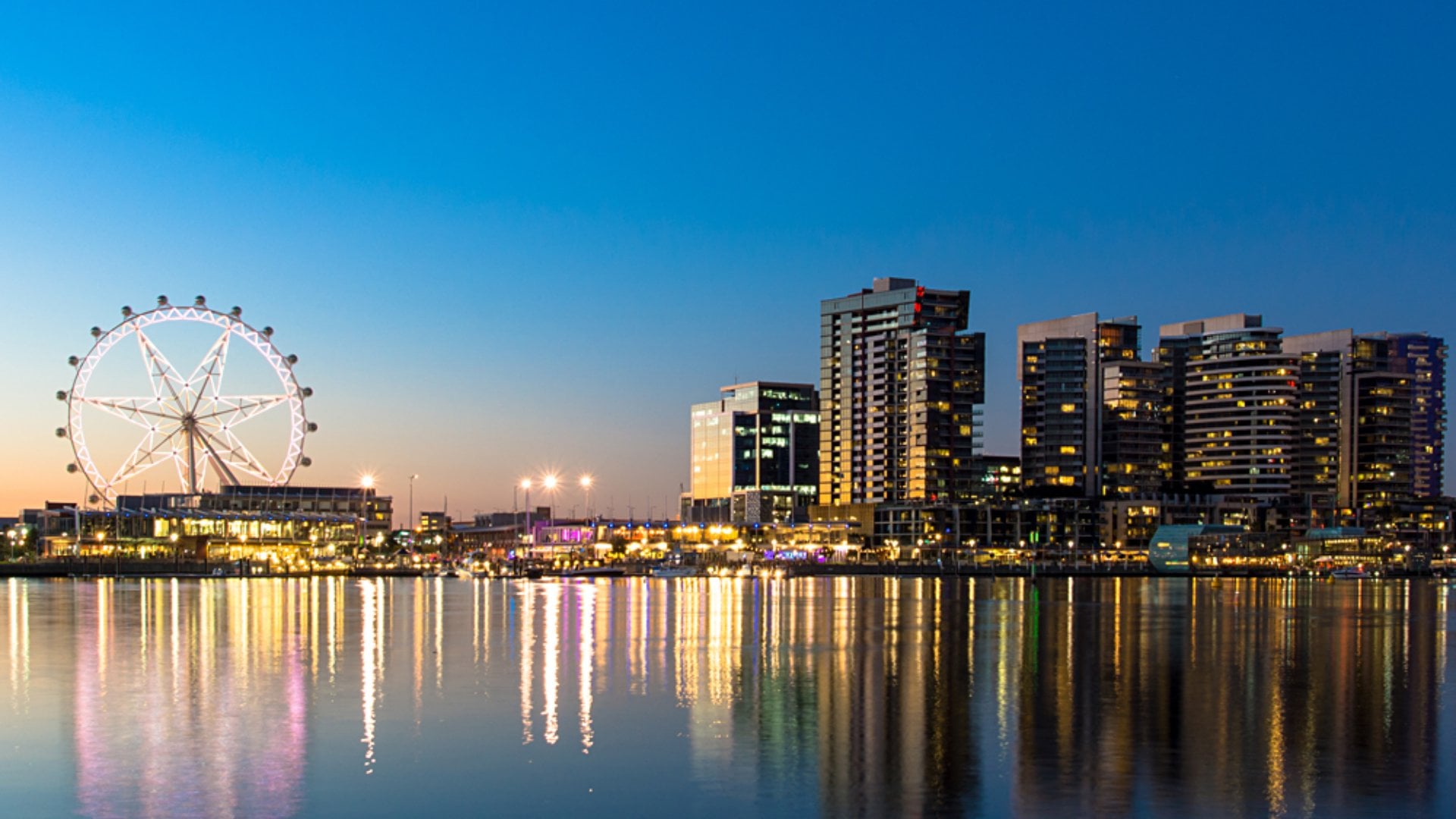The Docklands waterfront of Melbourne at night, Victoria, Australia