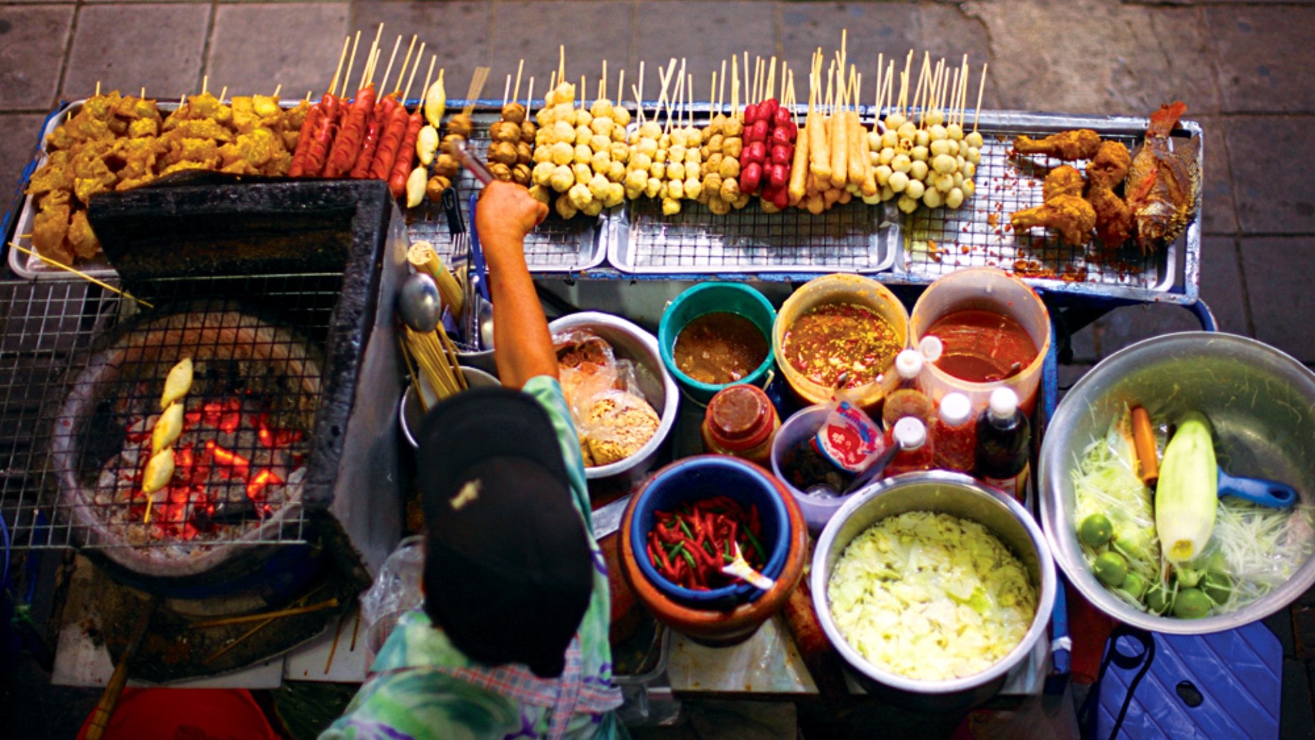 Top view of a Thai street food vendor in Bangkok, Thailand