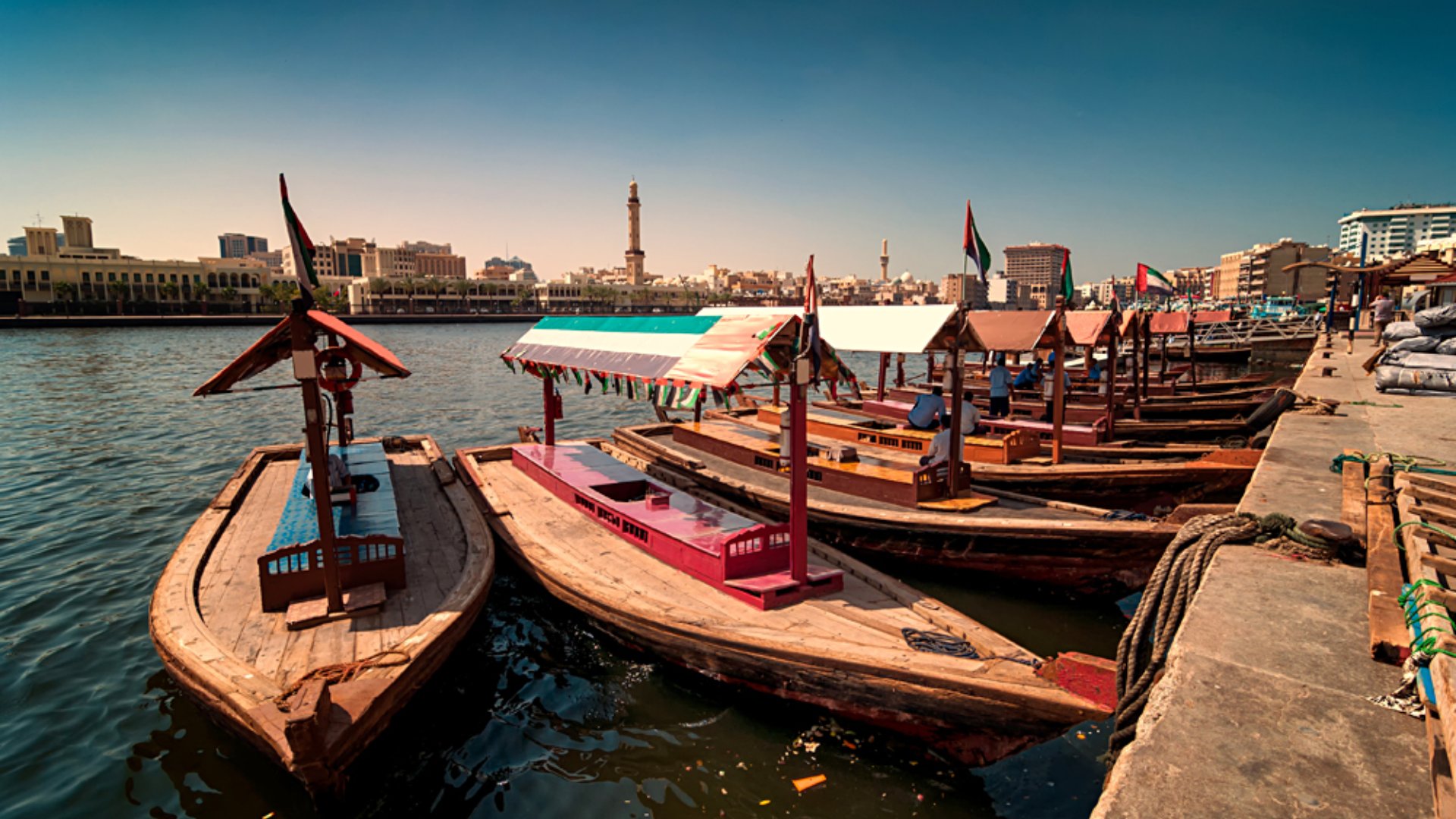 Traditional Abra taxi boats in Dubai Creek, Dubai Deira, United Arab Emirates (UAE)