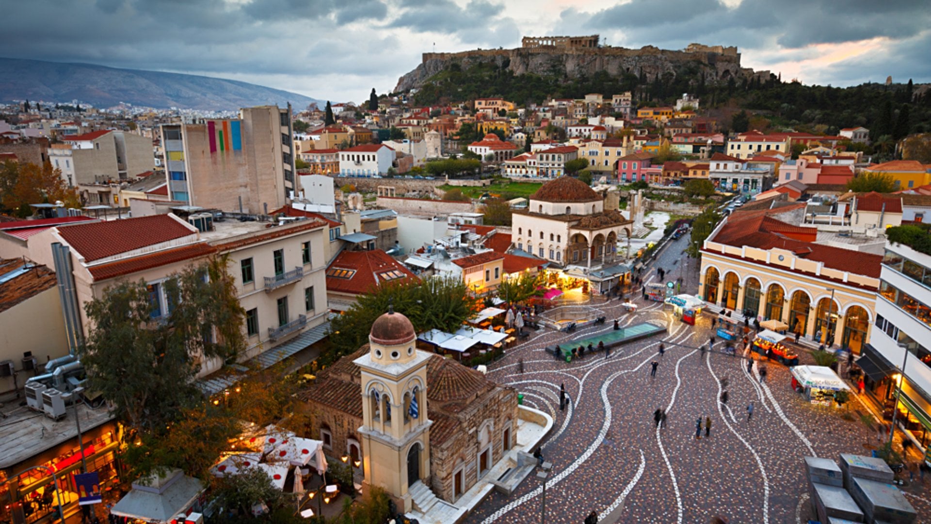 View of Acropolis from a Roof-top Coffee Shop in Monastiraki Square, Athens, Greece