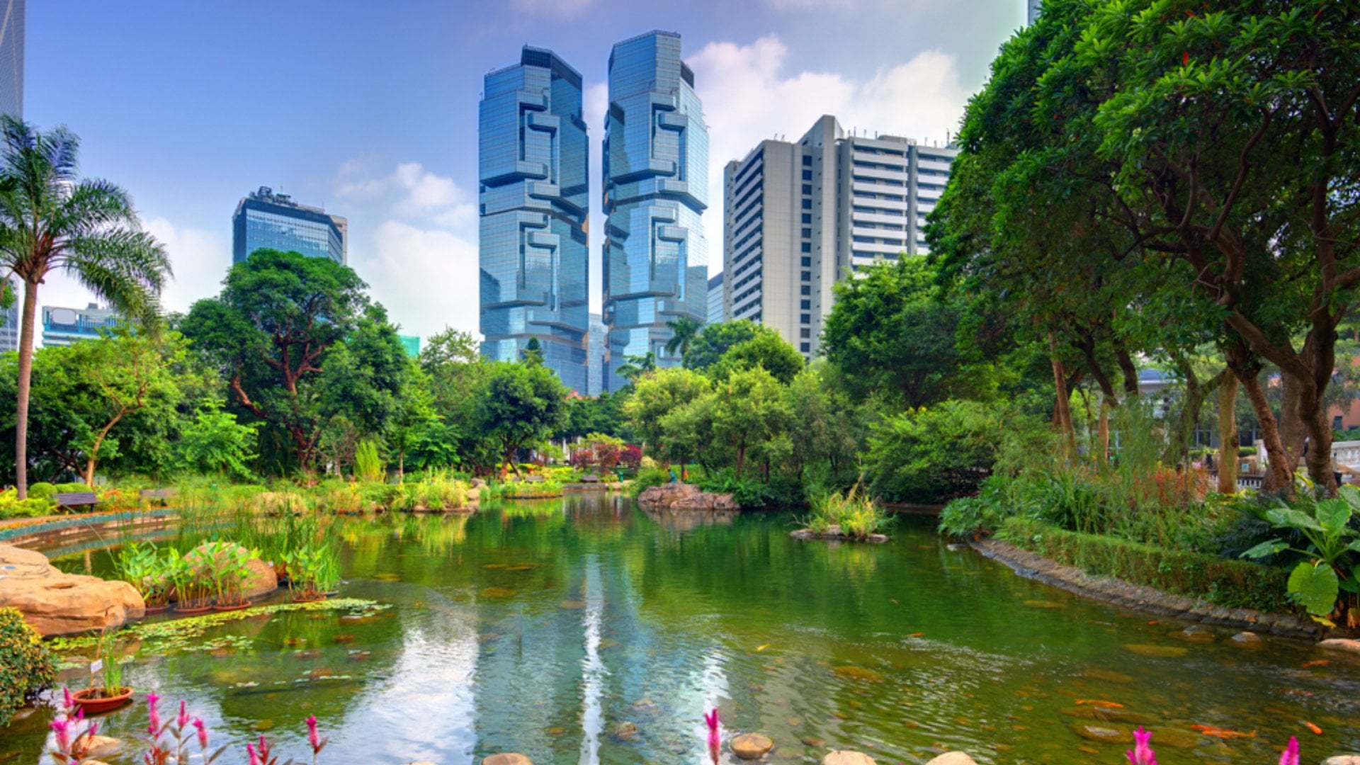 View of highrises from Hong Kong Park in Hong Kong, China