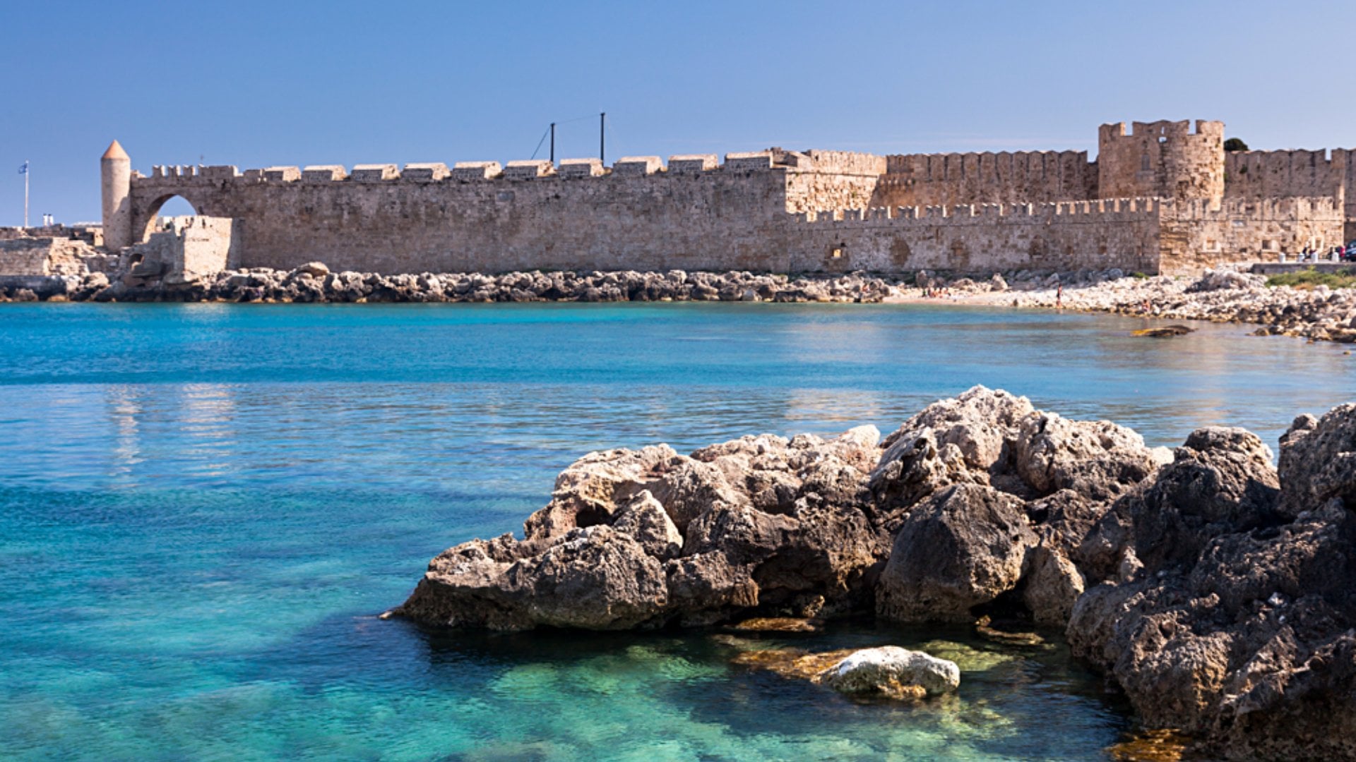 Walls of the old town taken from Mandraki Harbour in Rhodes, Greece