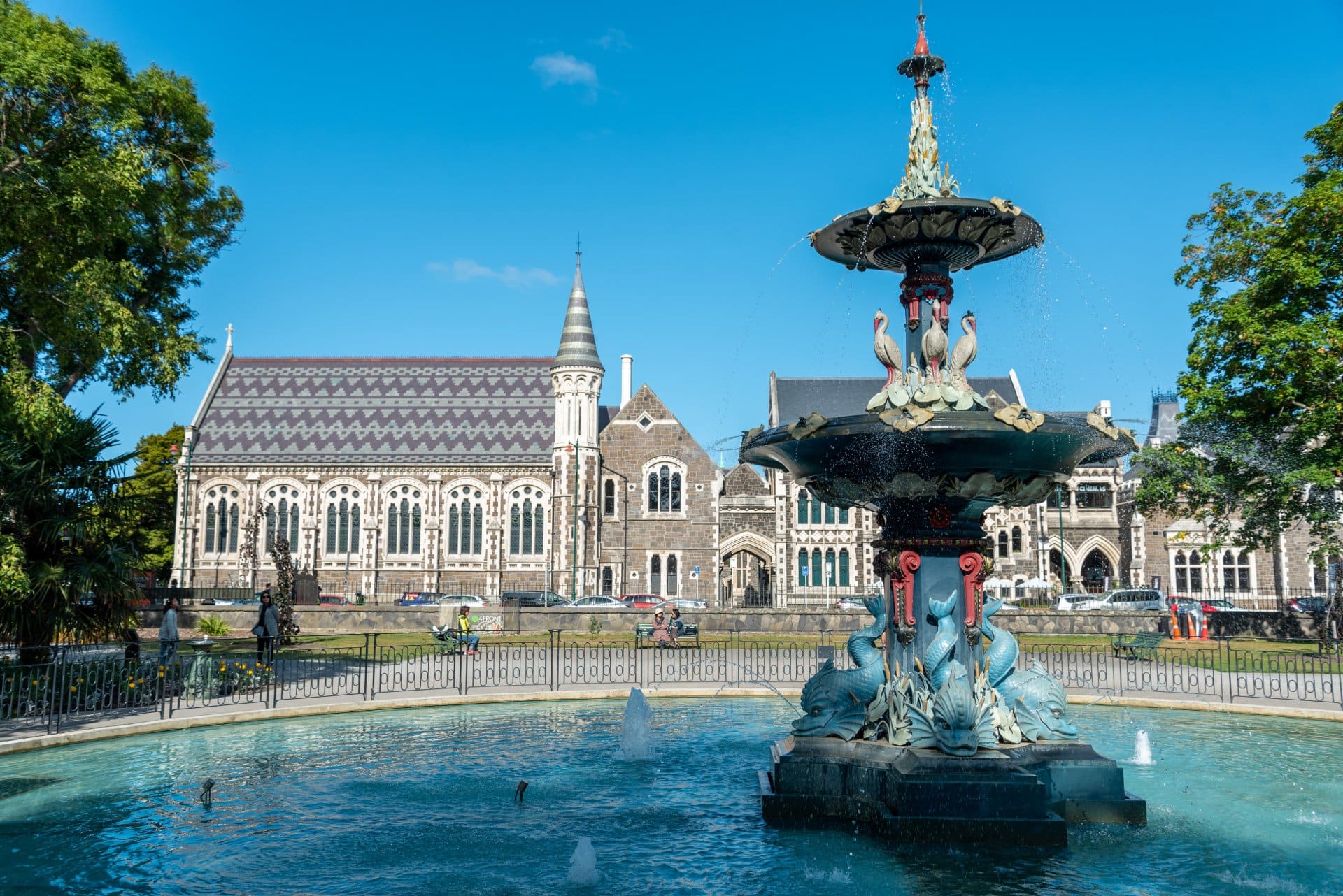 Water fountain at the entrance of the botanic garden of Christchurch, New Zealand