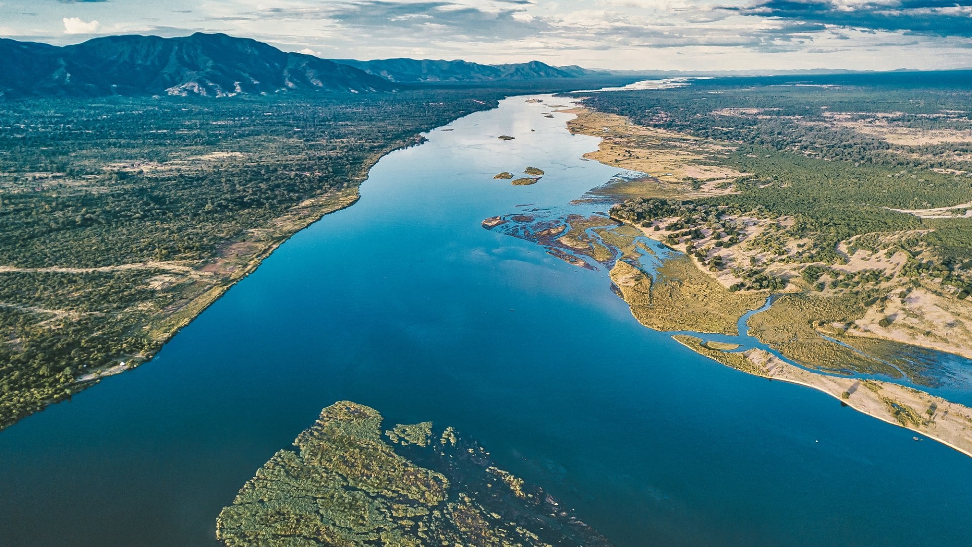aerial view on the river of lower zambezi area in Zambia