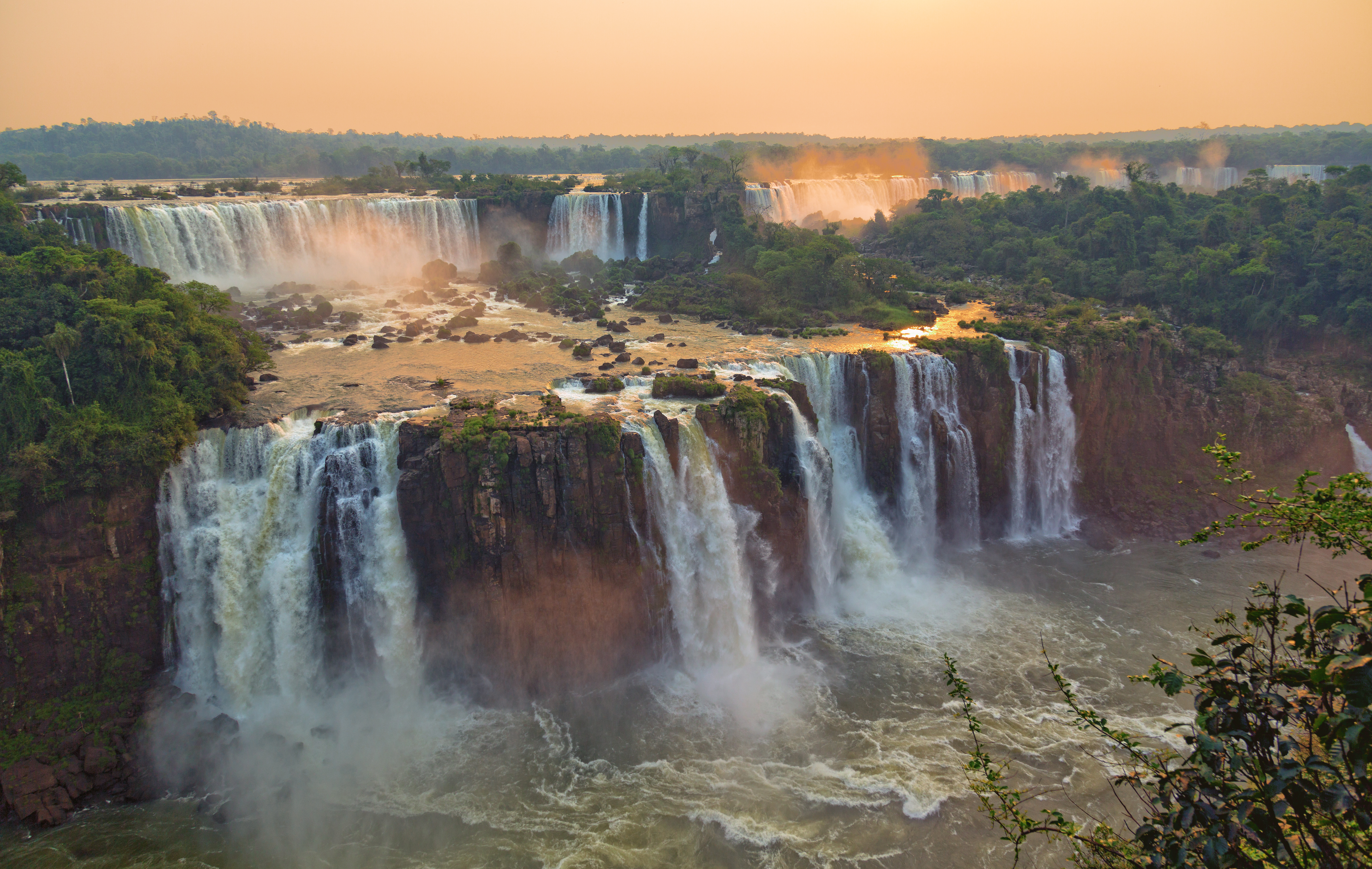 Iguasssu Falls in Argentina at sunset.