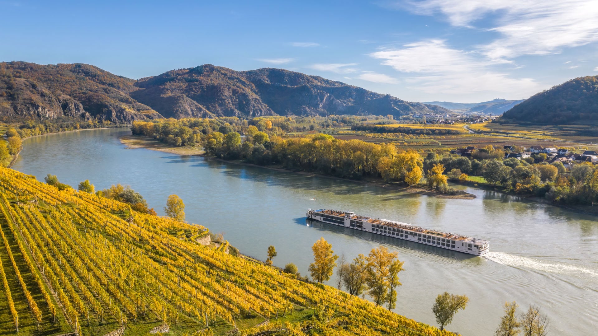 A cruise ship on the Danube passing through the Wachau Valley in Austria