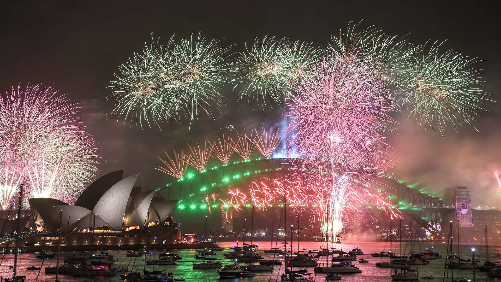 Fireworks going off the Sydney Harbour Bridge in Sydney, Australia