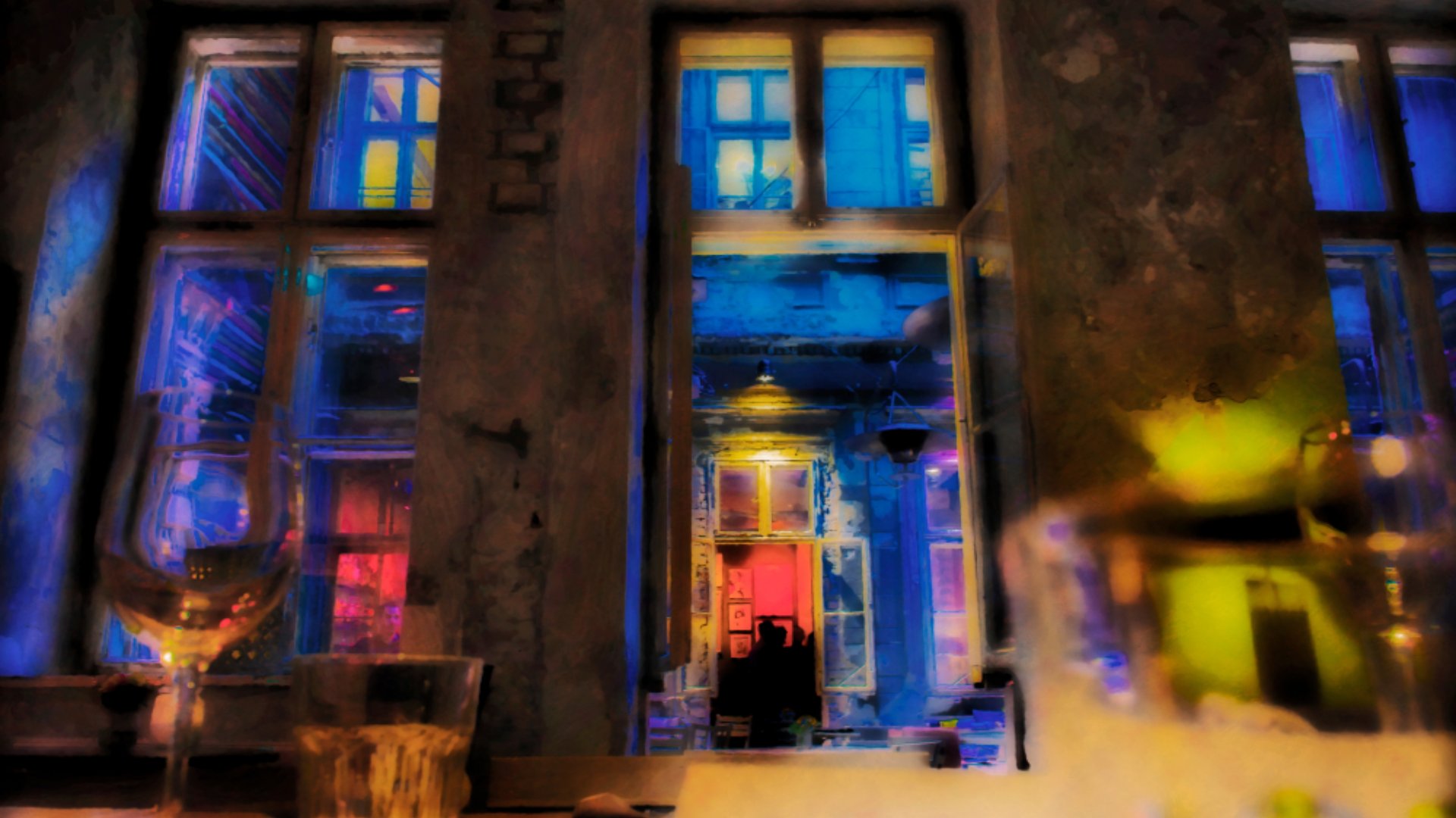 A blurry of a retro nightclub in Budapest from the surface of a dining table