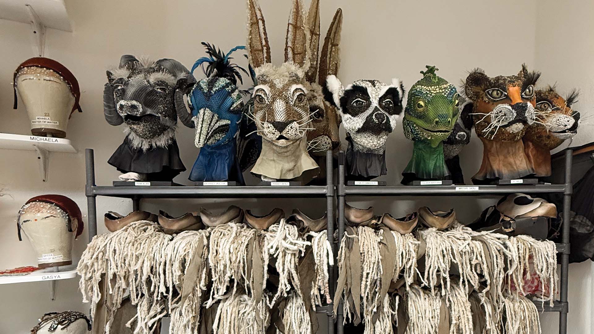 A group of colourful masks with jewels that performers wear during Cirque du Soleil