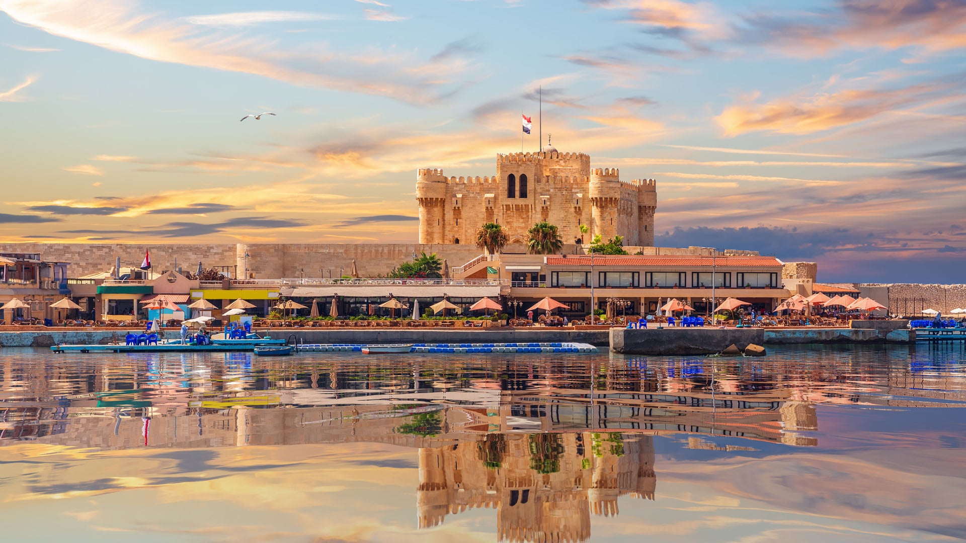Reflective of a coastal fort in Alexandria, Egypt