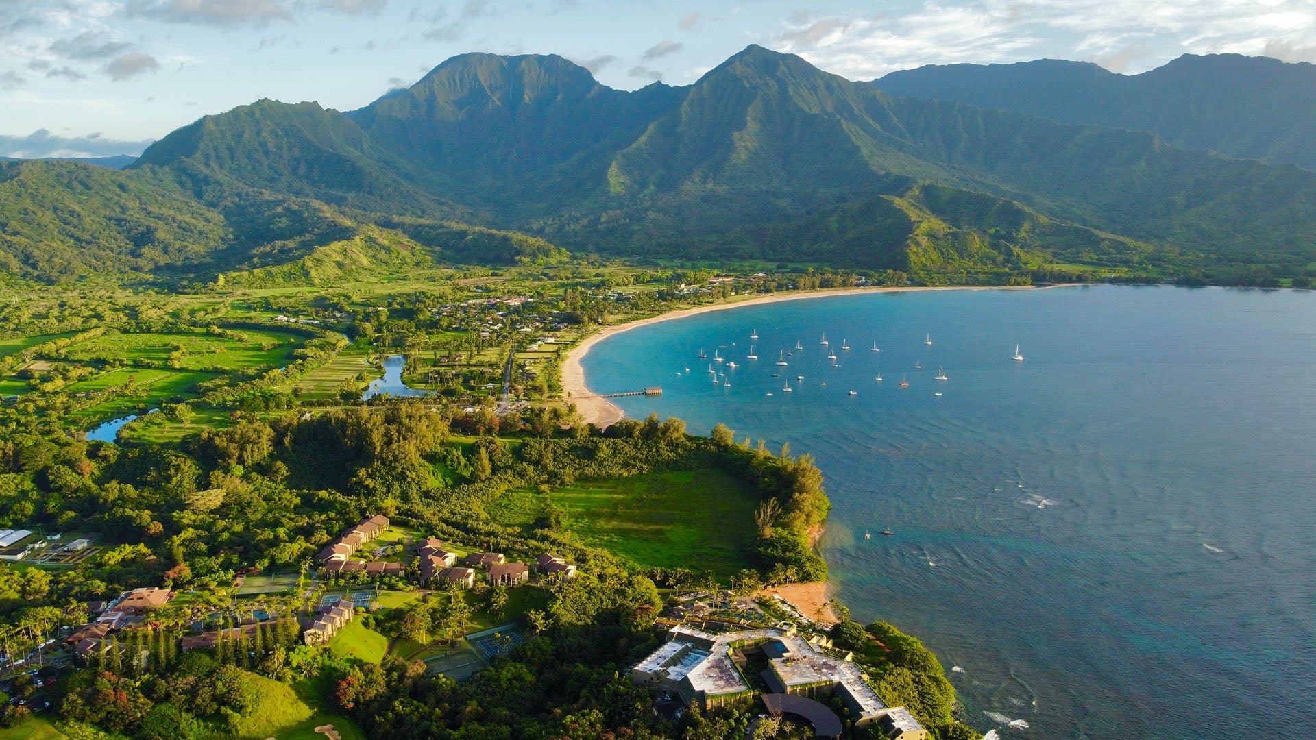 aerial view of beach along Hanalei Bay on Hawaiian island of Kauai