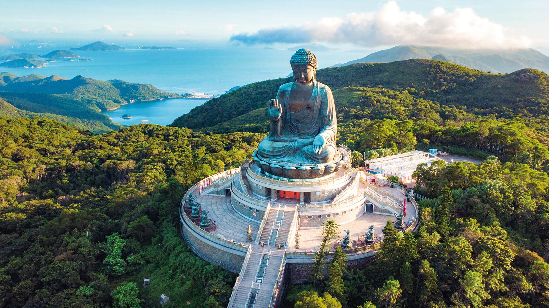 Giant Big Buddha statue on top of Lantau Island in Hong Kong