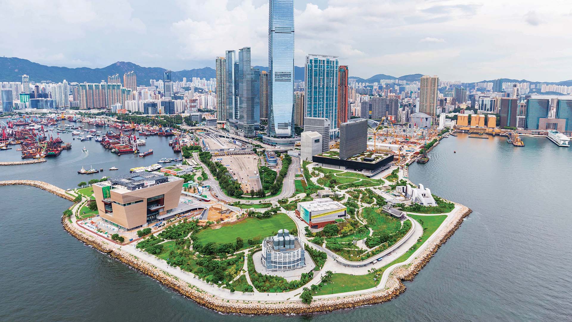 Kowloon Cultural District with buildings and skyscrapers along the water