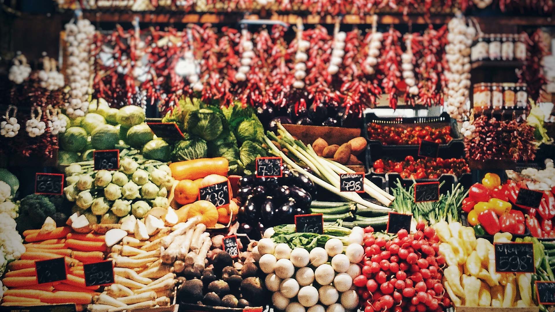 Collection of fresh product and peppers in a market in Budapest