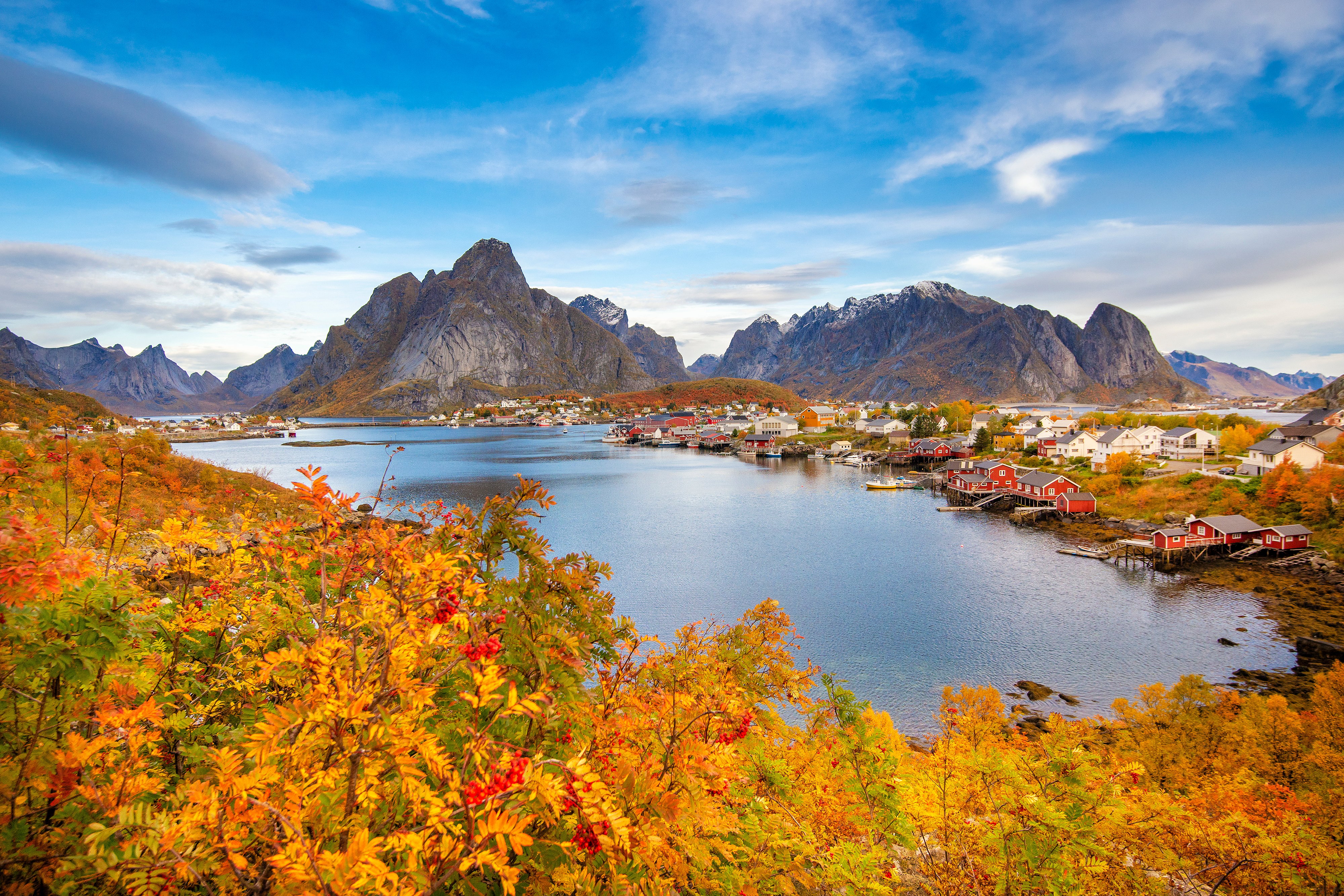 Beautiful colourful view of Reine landscape in Lofoten Islands during autumn.