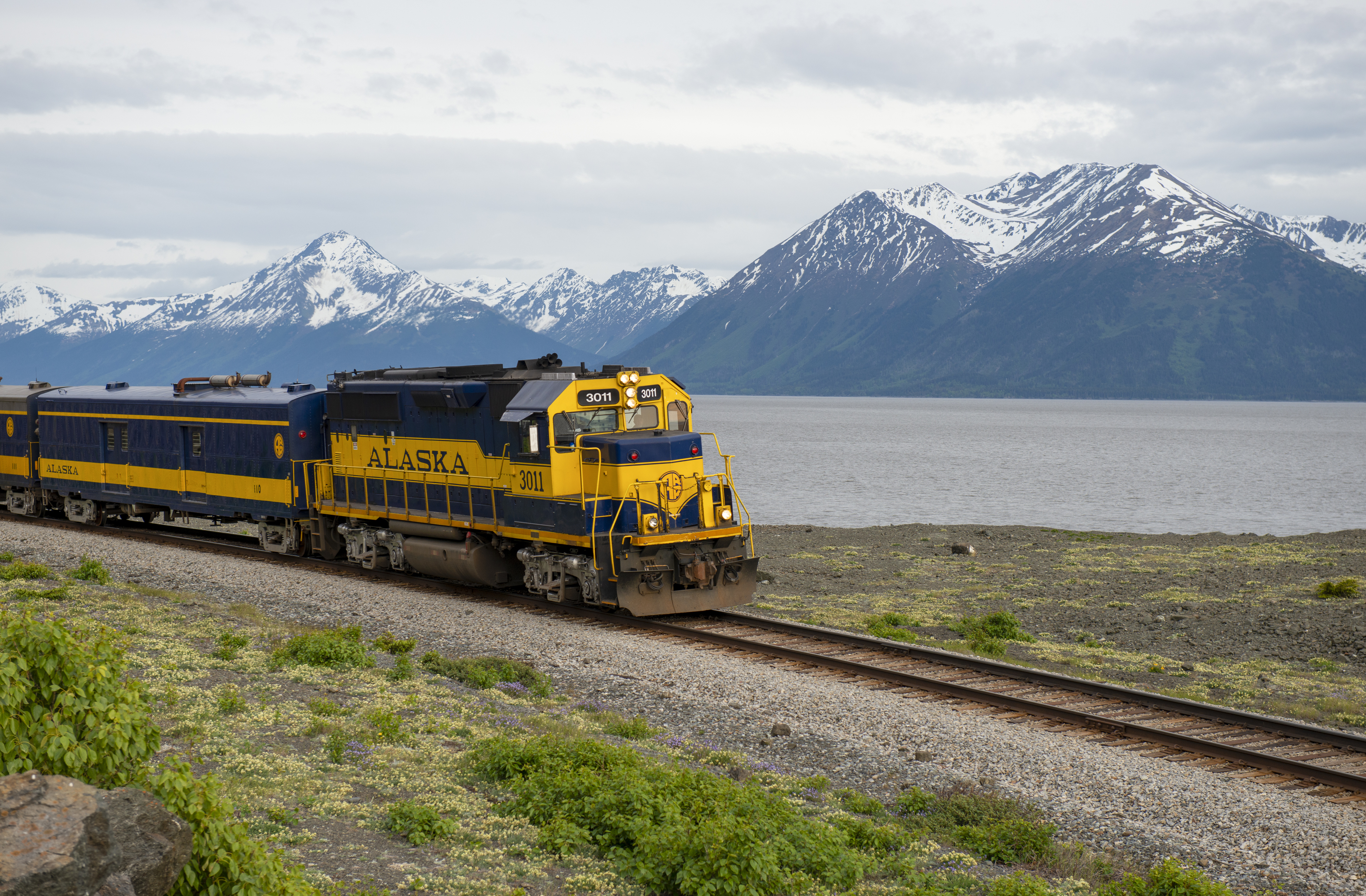 A yellow passenger train travelling through Alaska, with mountains in the background.