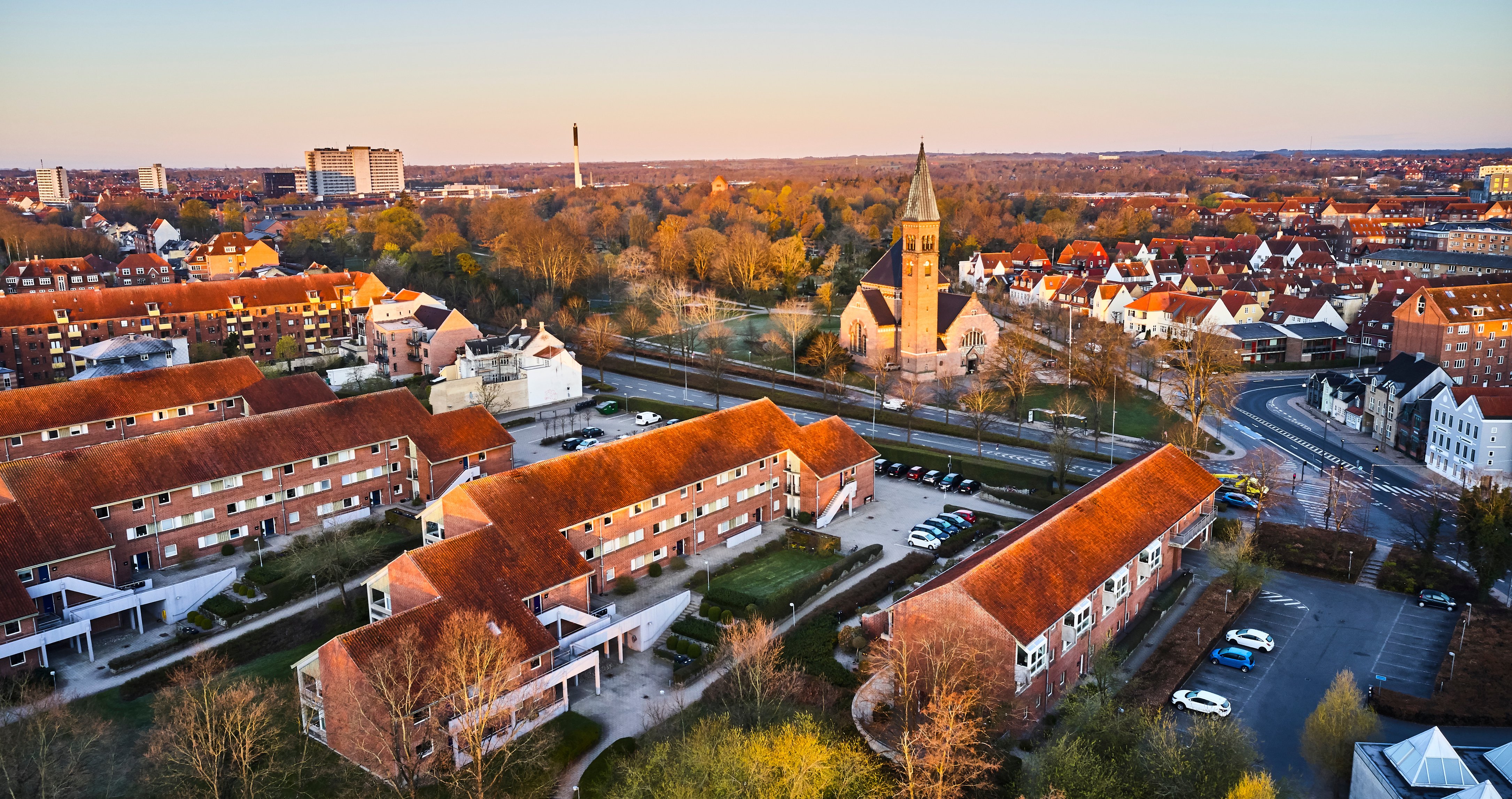 Odense city at dawn. "Ansgars Kirke" in Odense City