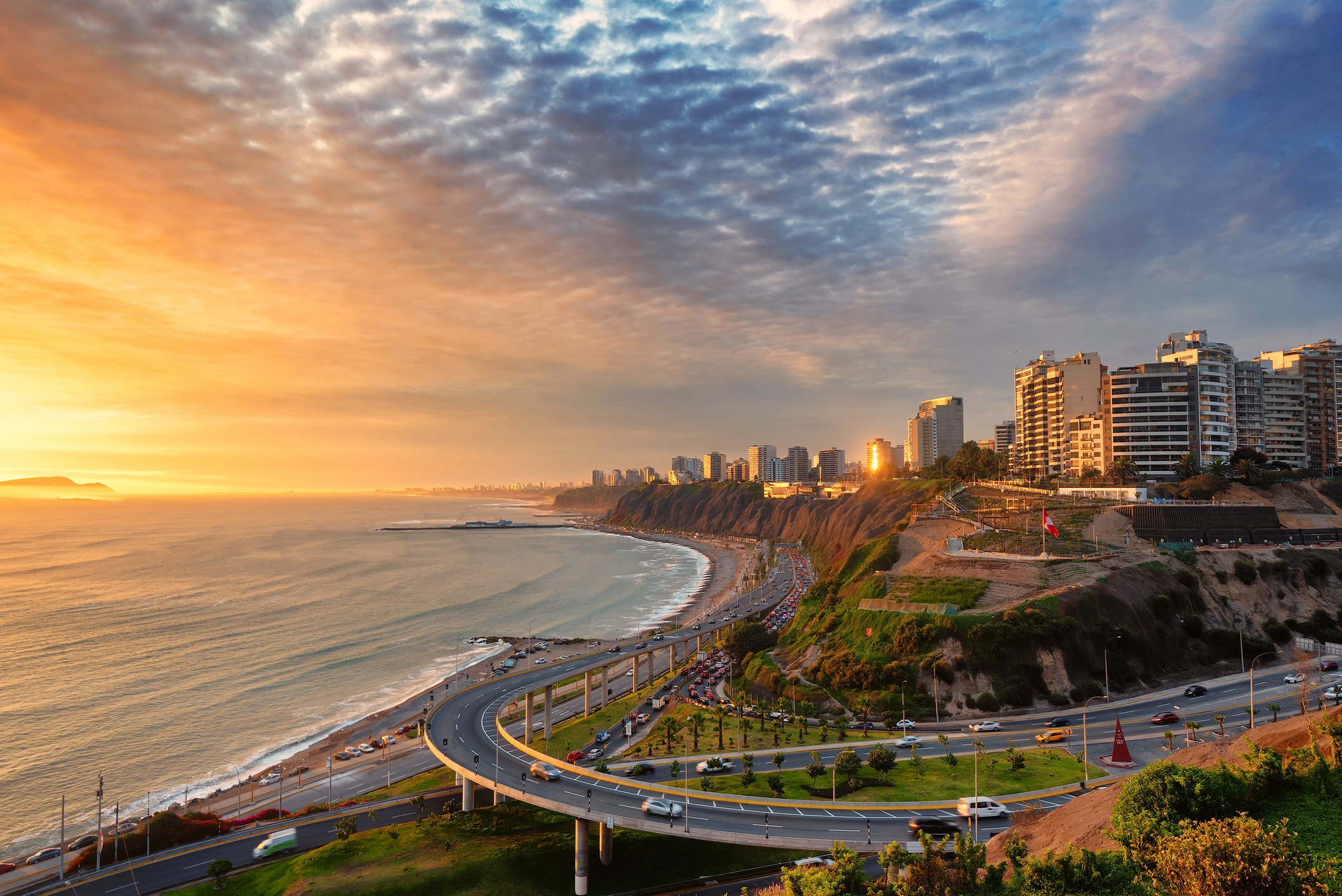 Lima, Peru along the coast also known as Circuito de Playas de la Costa Verde at a golden hour sunset