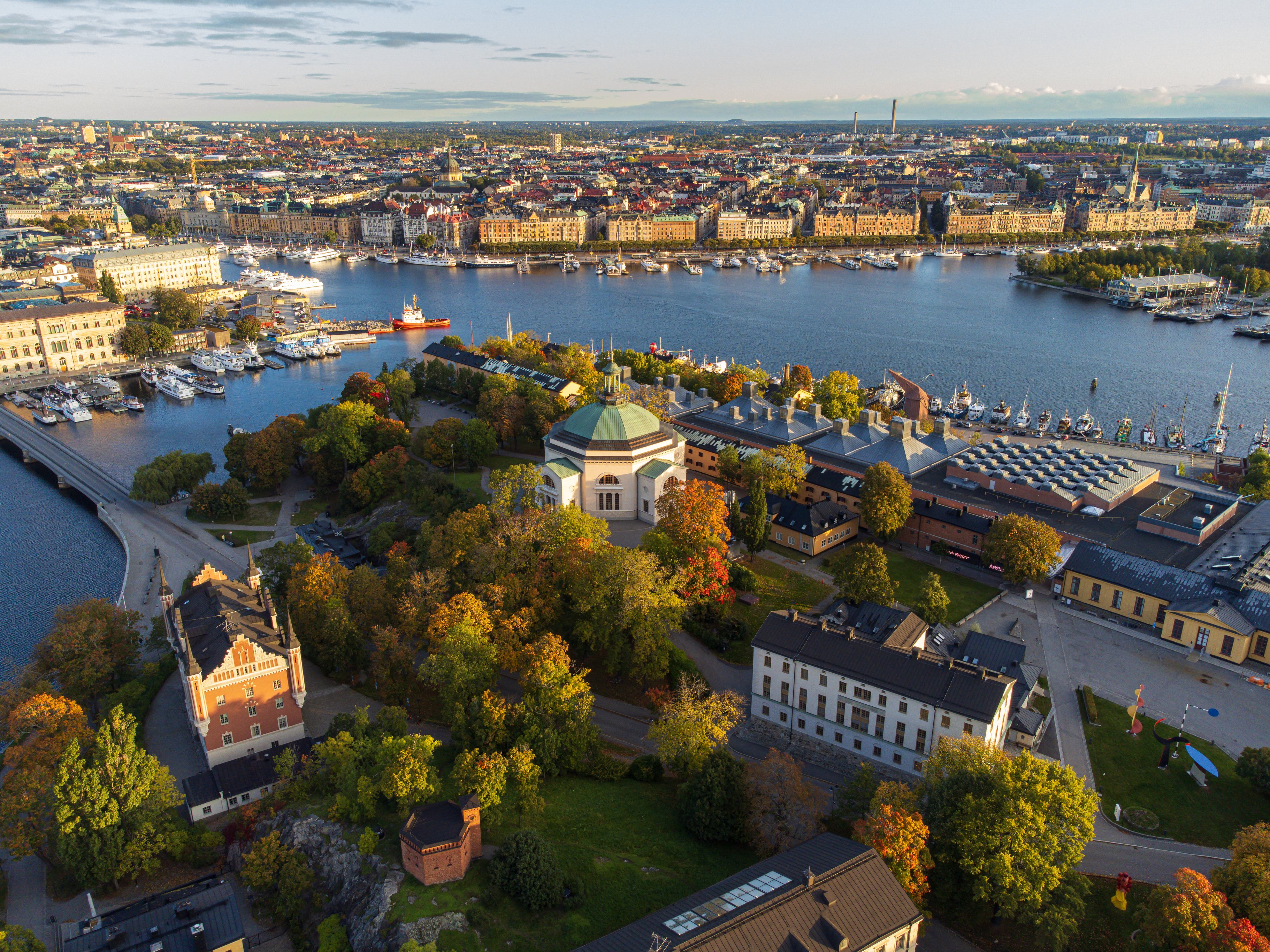 High angle view of the island of Skeppsholmen in central Stockholm, Sweden, with autumn colours.