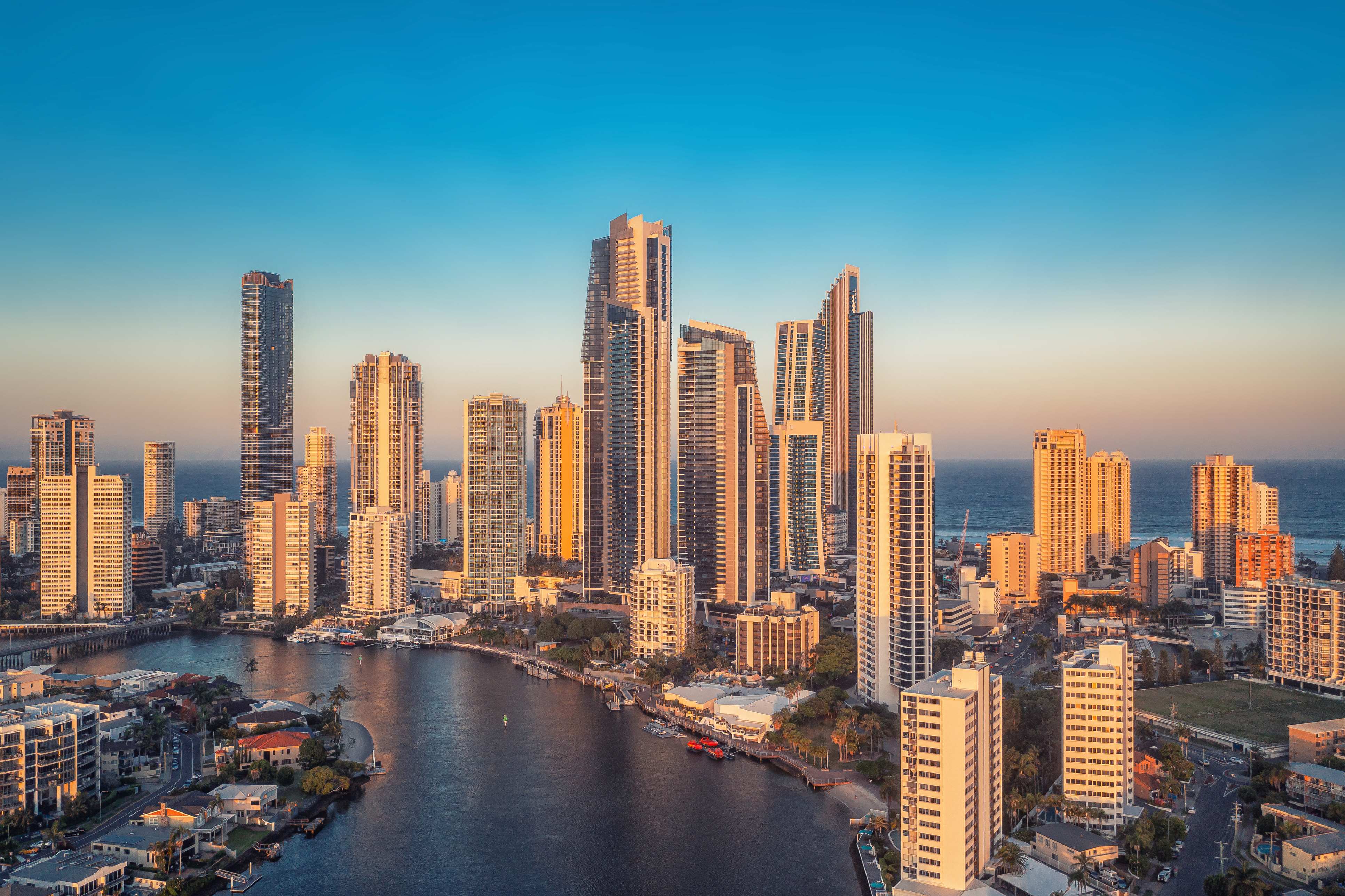 Aerial view of skyscrapers along the Gold Coast, Queensland, Australia, during sunrise.