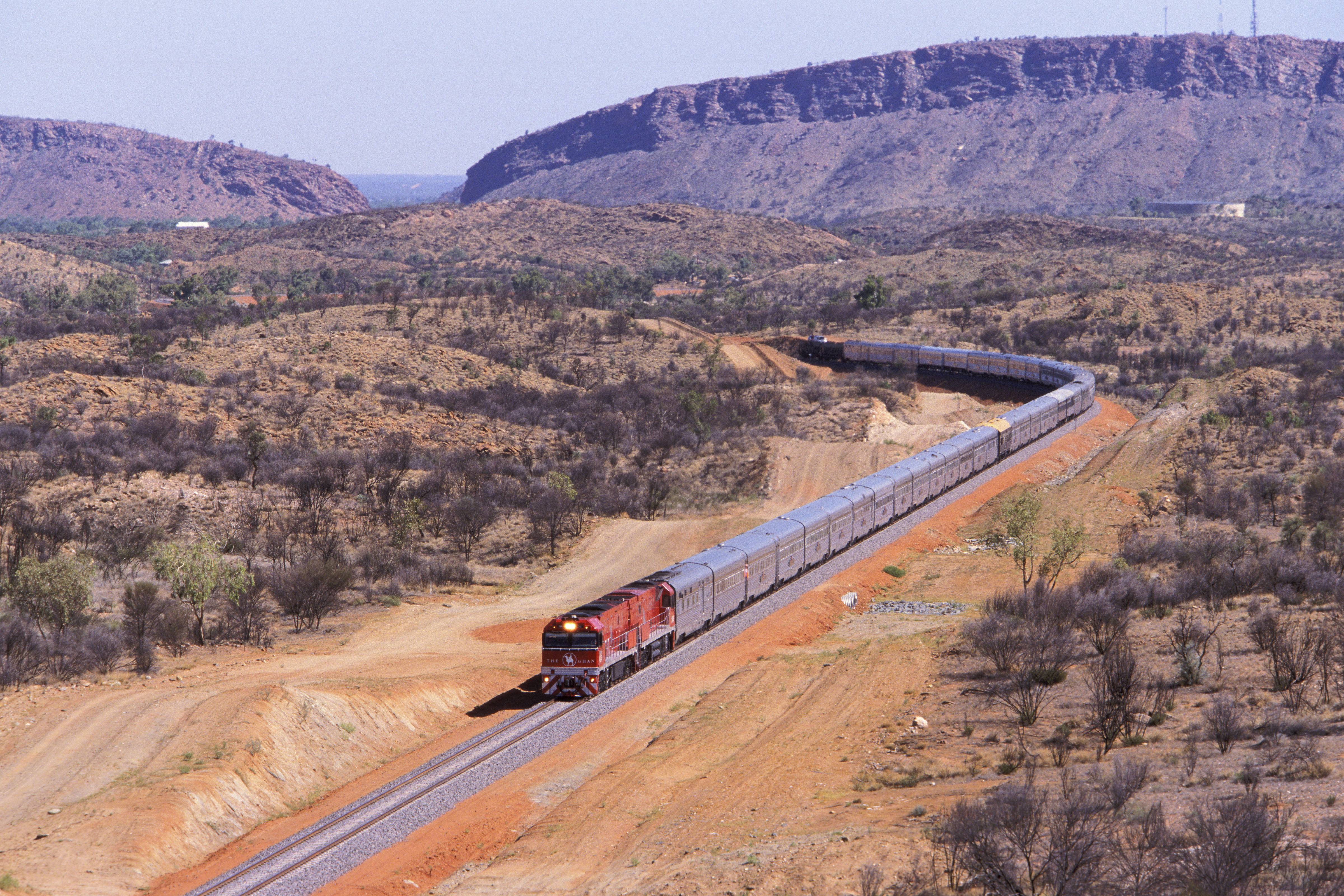 The Ghan train travelling through the Australian Outback from Alice Springs, Australia.