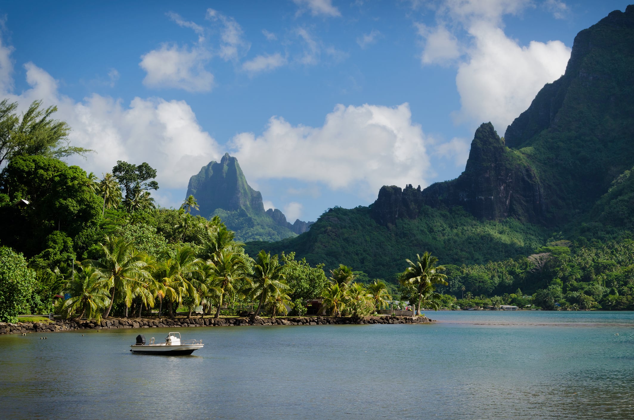 A motor boat floating in a lagoon with Moorea's lush volcanic landscape in the background.