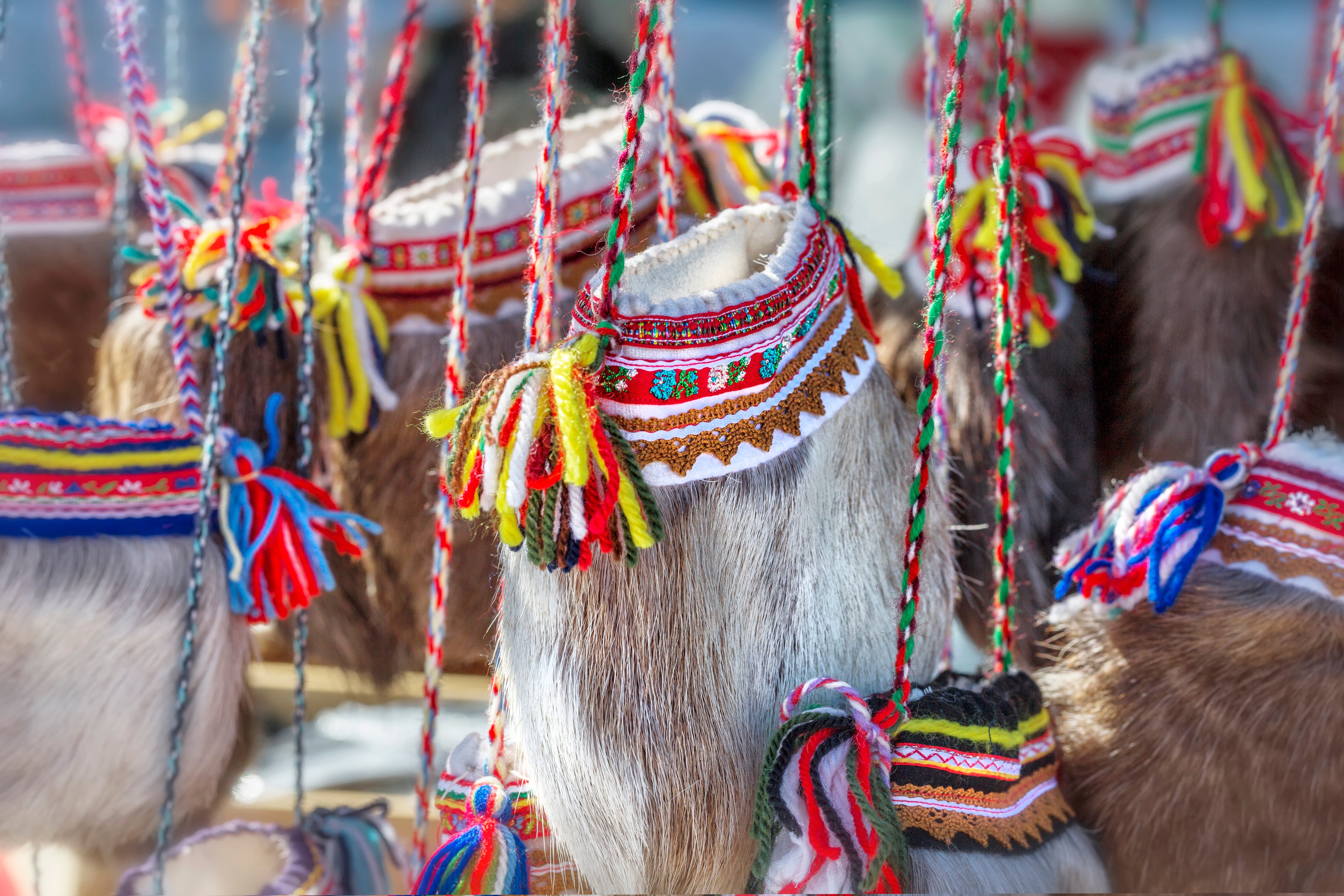 Close up image of traditional Sámi crafts made from reindeer fur.