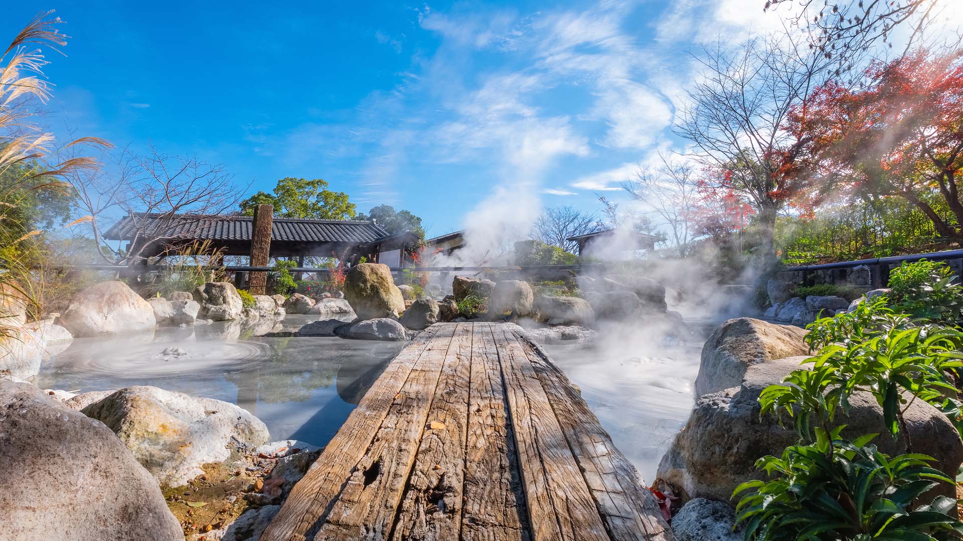 A wooden walkway over natural hot springs in the Japanese city of Beppu on Kyushu