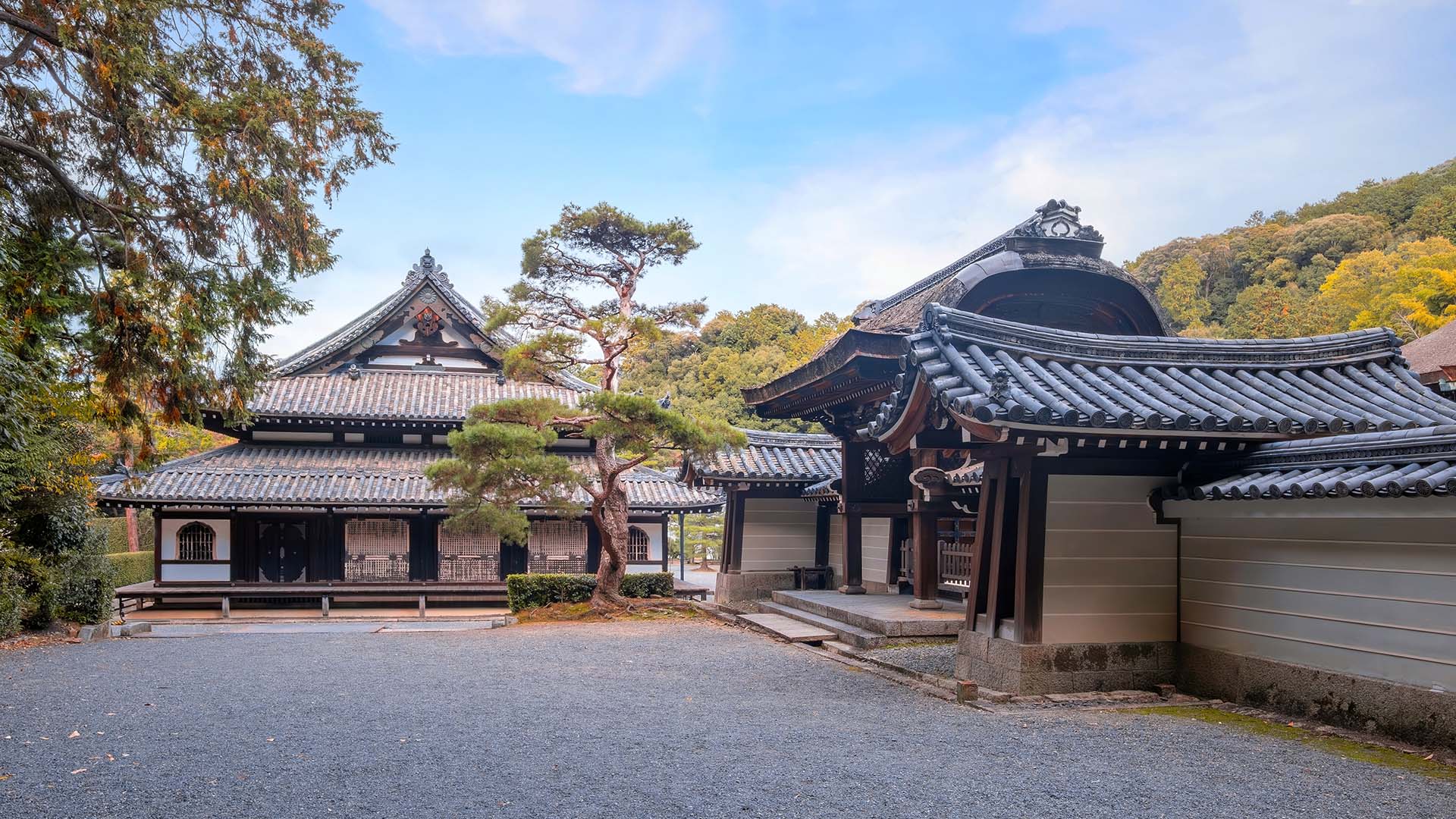 Side temples and gates in Sennyu-ji temple complex in Kyoto Japan
