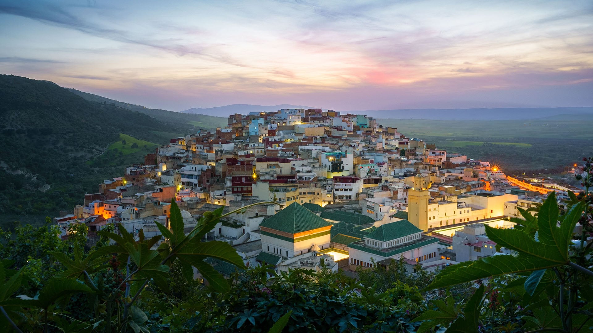 Panoramic view of Meknes at night in Morocco