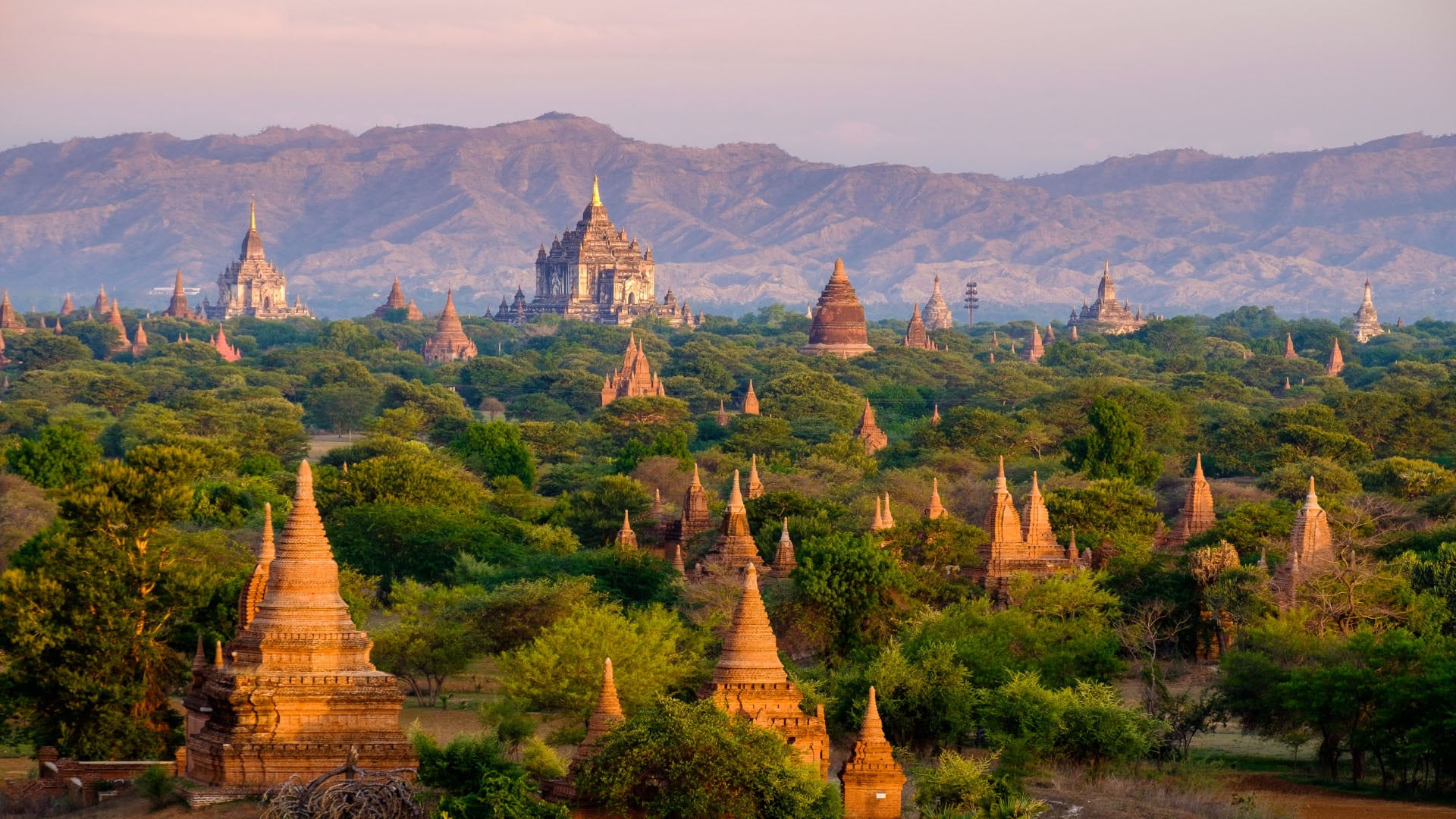 Buddhist stupas at sunset in the city of Bagan in Myanmar