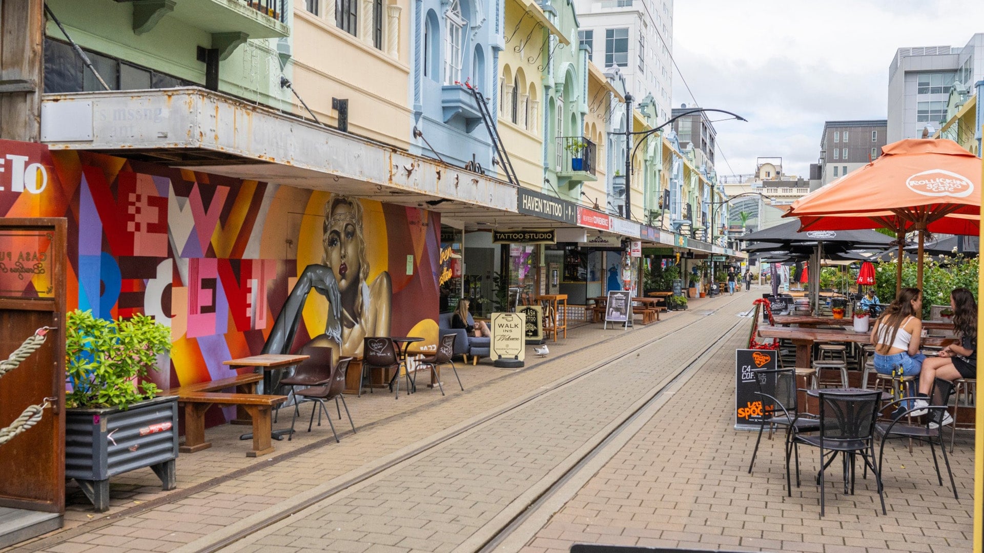 Colourful street with cafes and street art