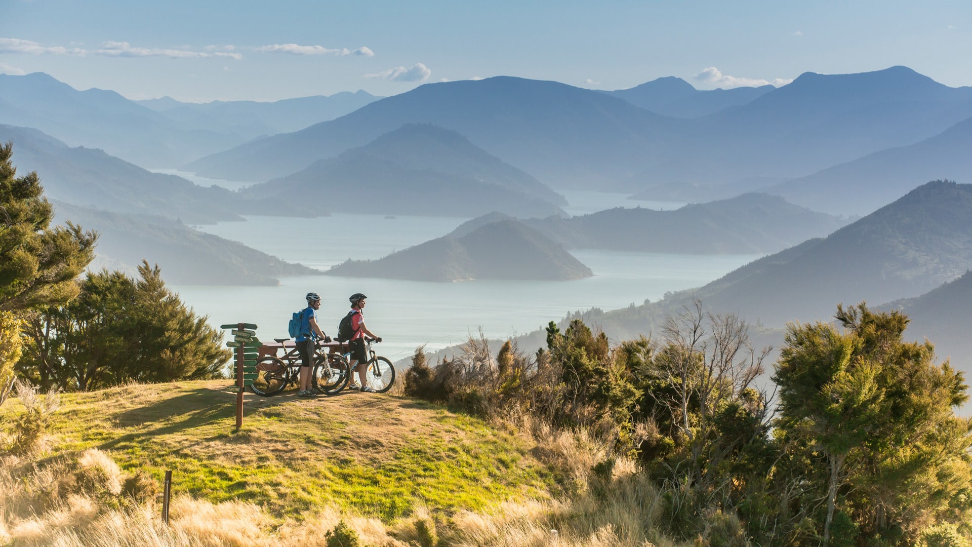 Two people on bicycles overlooking fjords and mountains