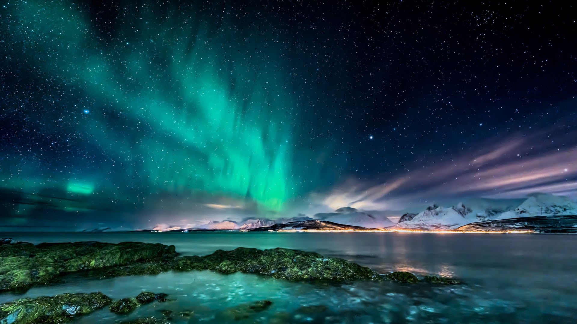 The Northern Lights dancing over the winter landscape near Tromso Norway