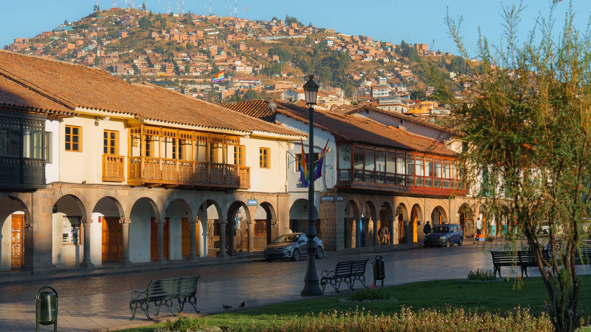 Colonial mansions in Cusco's Plaza de Armas in Peru.