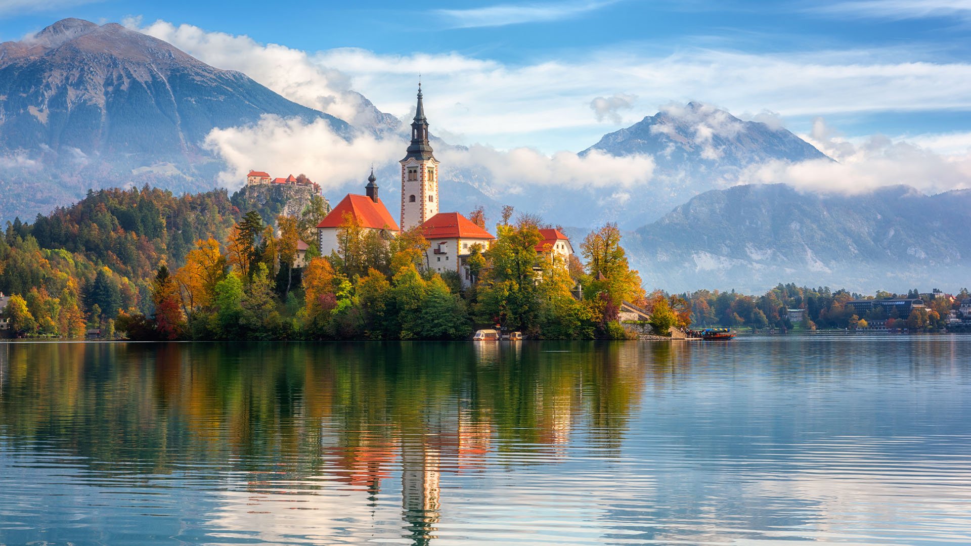 A church on an island in Lake Bled in Slovenia.