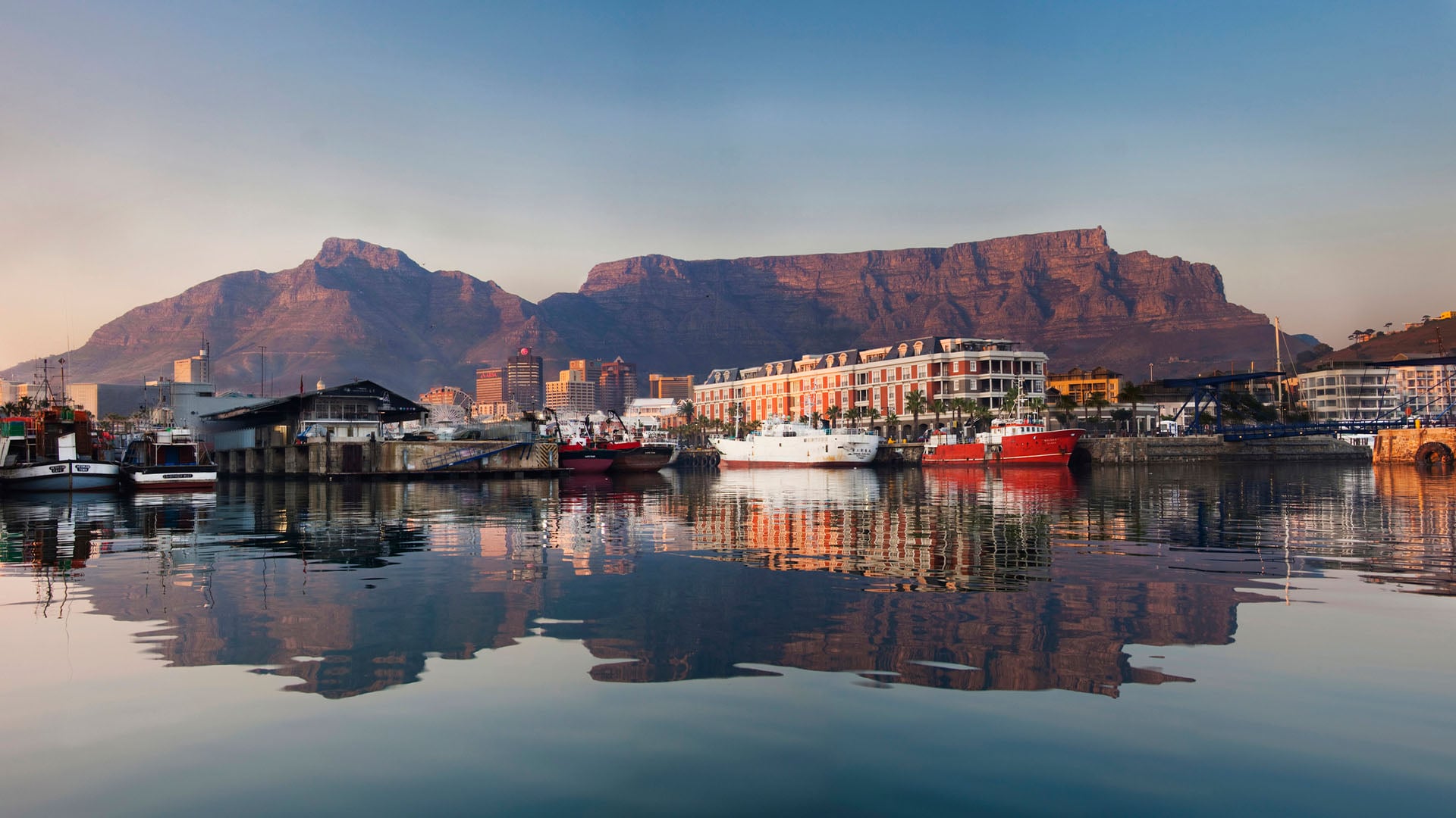 Waterfront with water reflection of Cape Town in South Africa