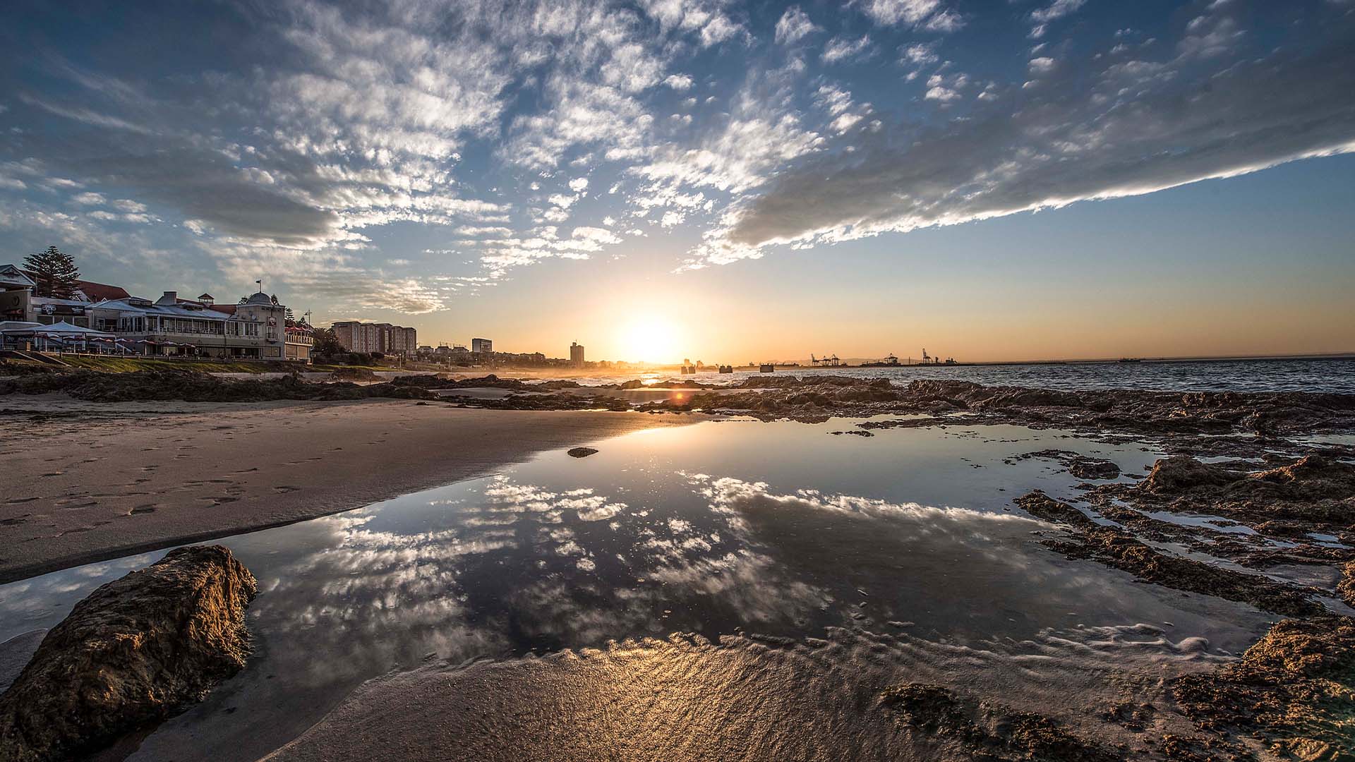 A beach view at sunset in the city of Port Elizabeth in South Africa.