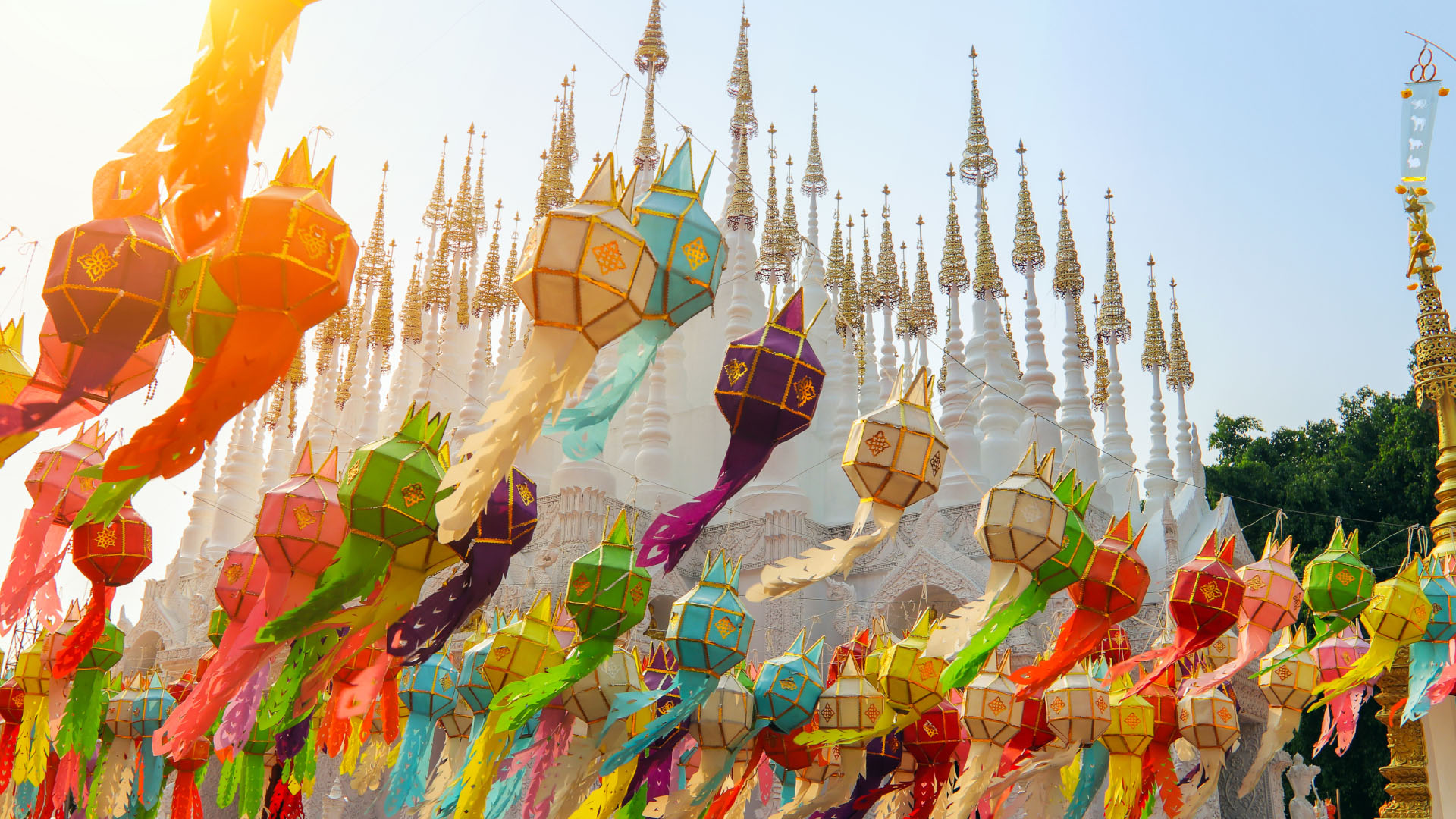Lanterns decorating temple in Bangkok for Songkran