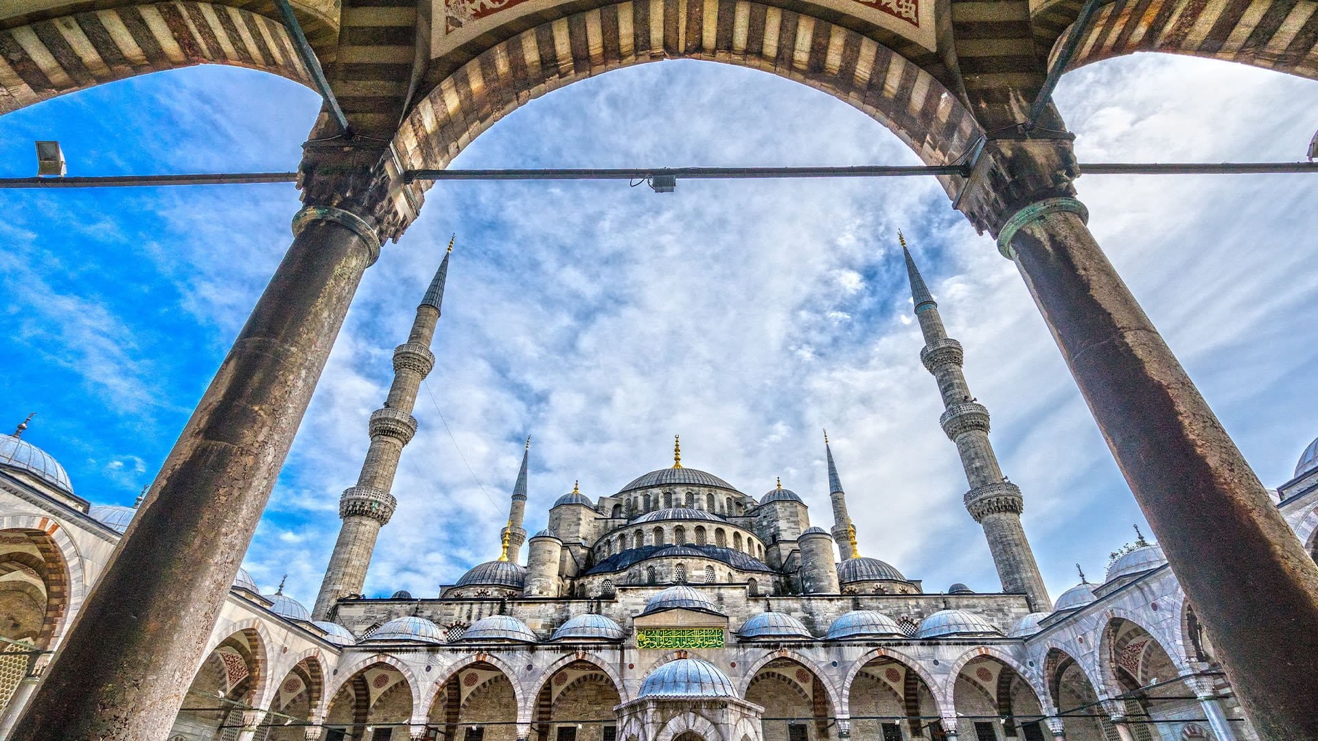 view of minarets and domes rising from Istanbul's Blue Mosque