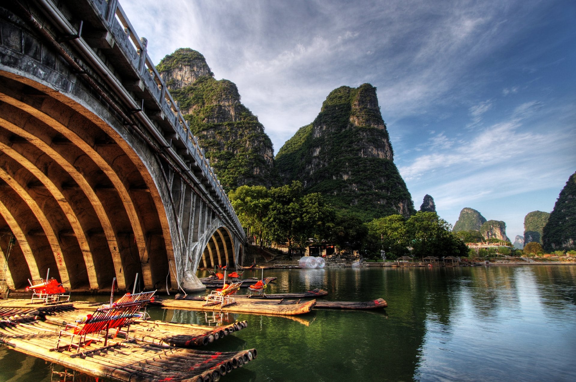 Bamboo rafts for fishing and sightseeing on the Li River Bamboo rafts for fishing and sightseeing on the Li River