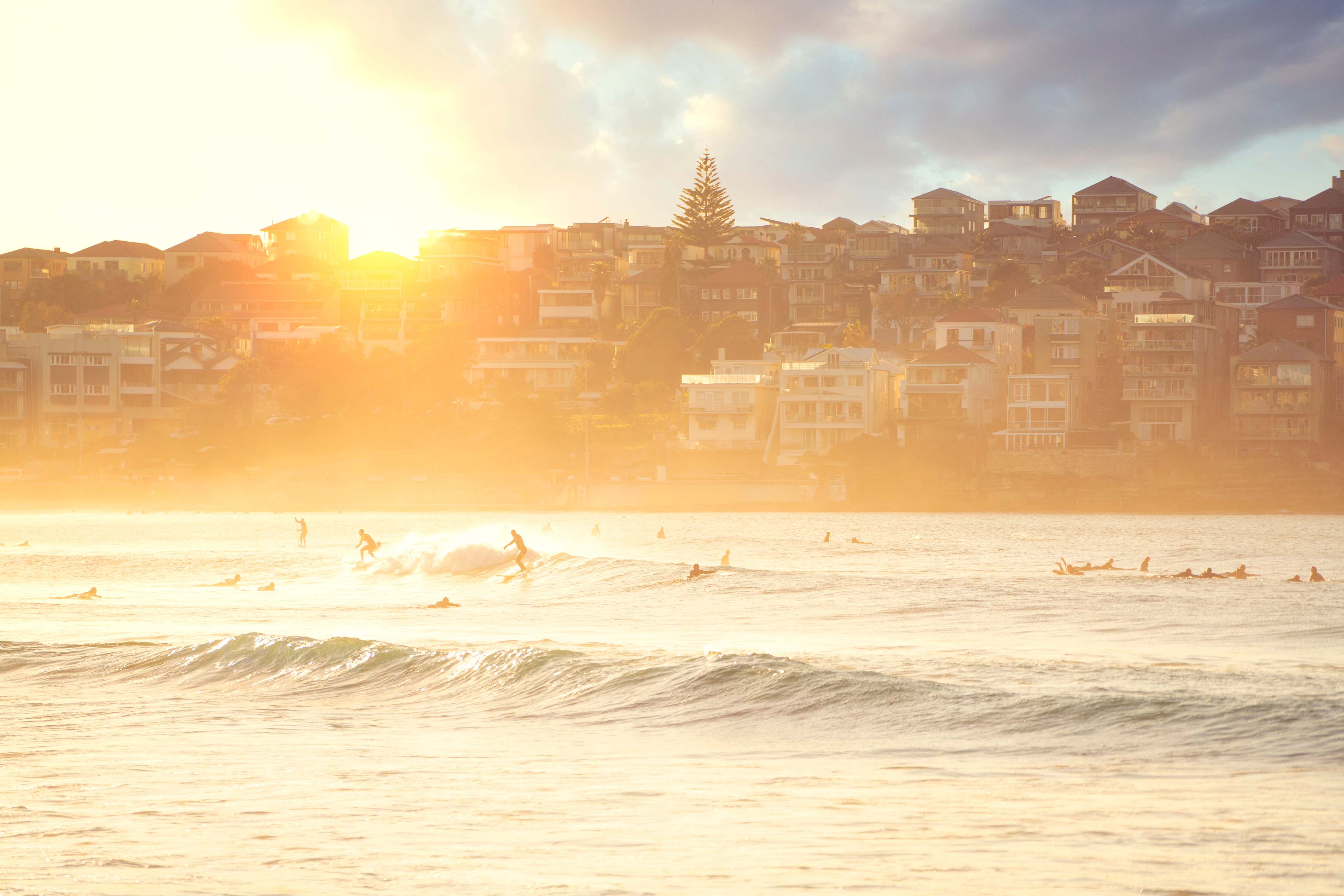 People relaxing at bondi beach at sunset