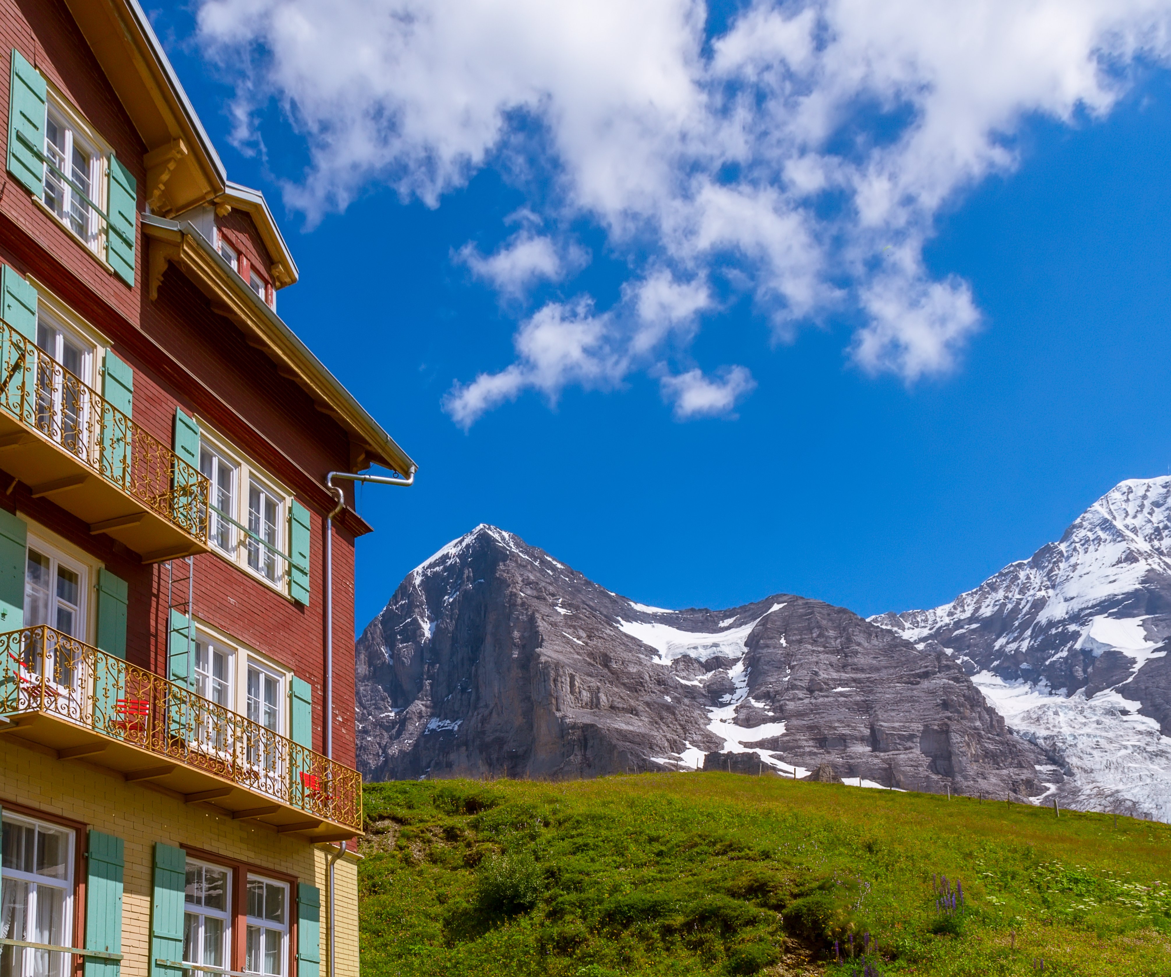 Hotel Bellevue des Alpes, Interlaken, Switzerland Eiger mountain of the Bernese Alps, overlooking the Hotel Bellevue des Alpes in the Bernese Oberland, Interlaken, Switzerland.