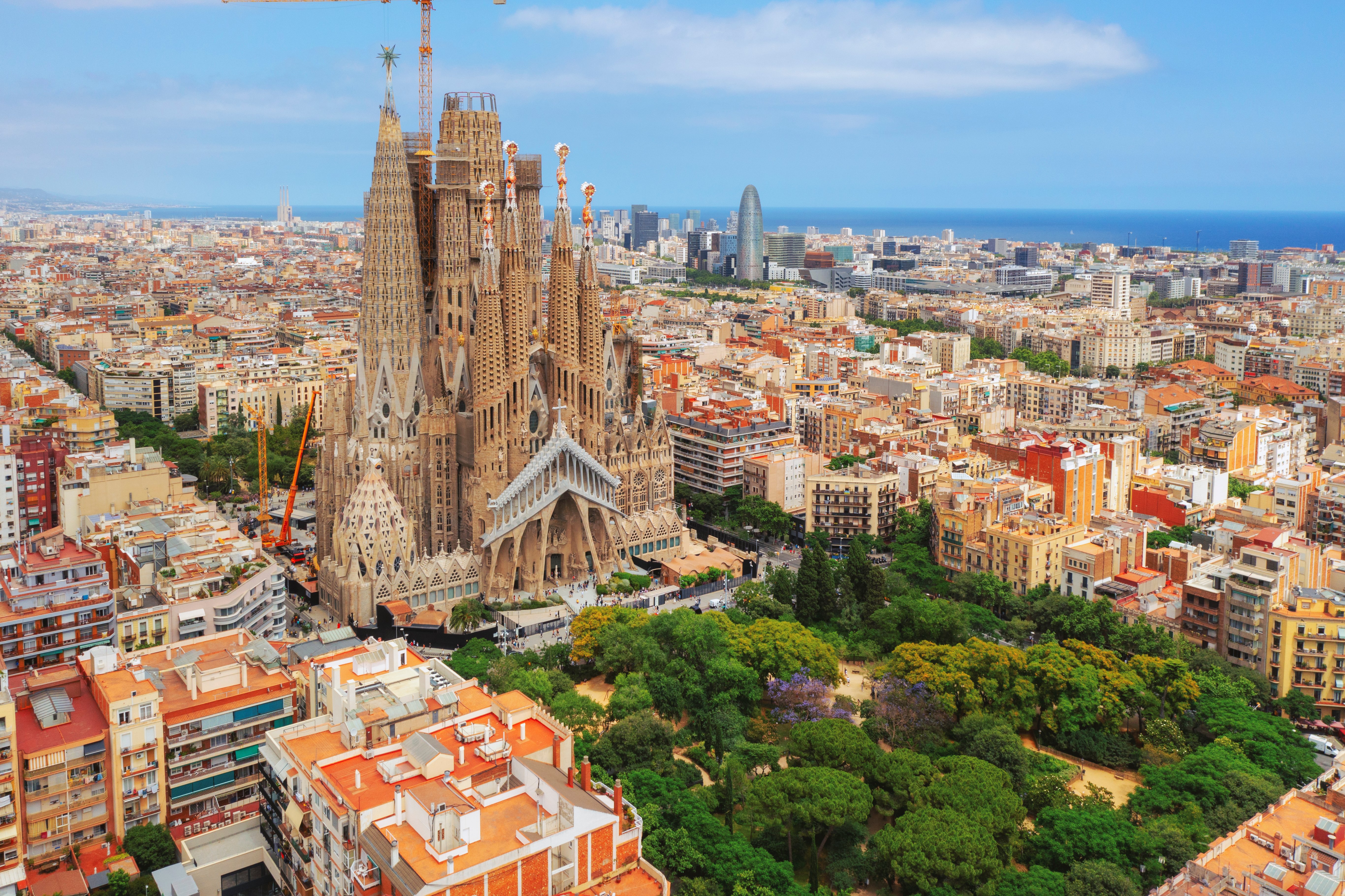 Aerial View of La Sagrada Familia Cathedral in Eixample district of Barcelona Spain