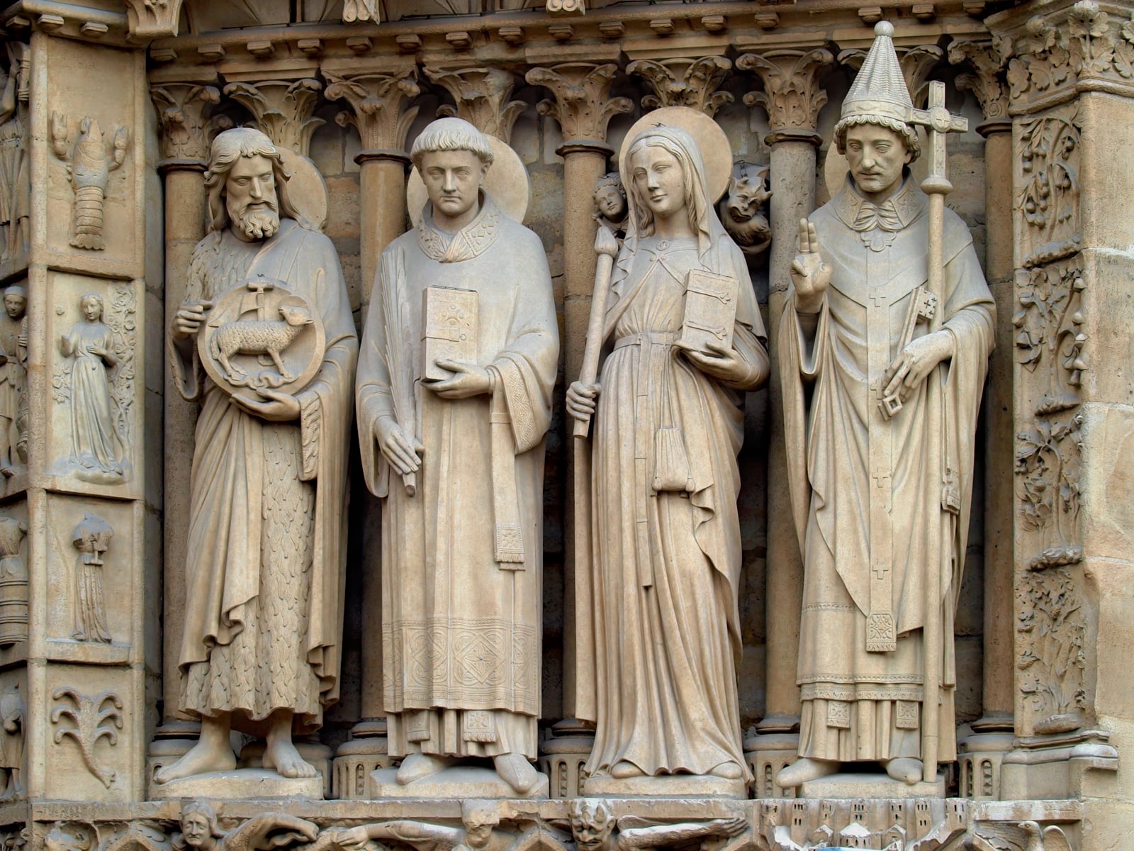 Bas-reliefs on the facade of the cathedral of Notre Dame in Paris