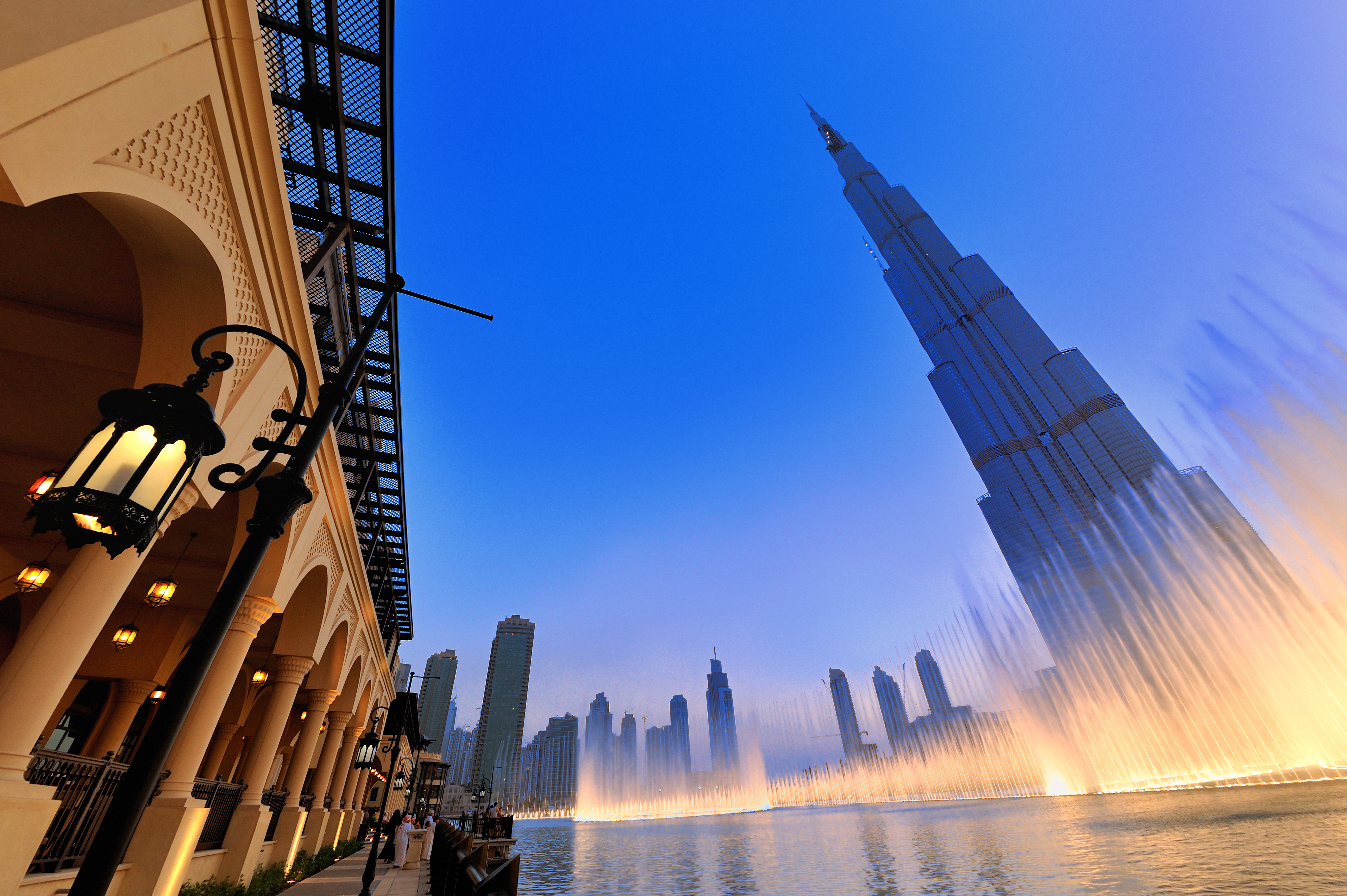 One of the world biggest musical foundtain,in front of the burj dubai, display just after sunset.