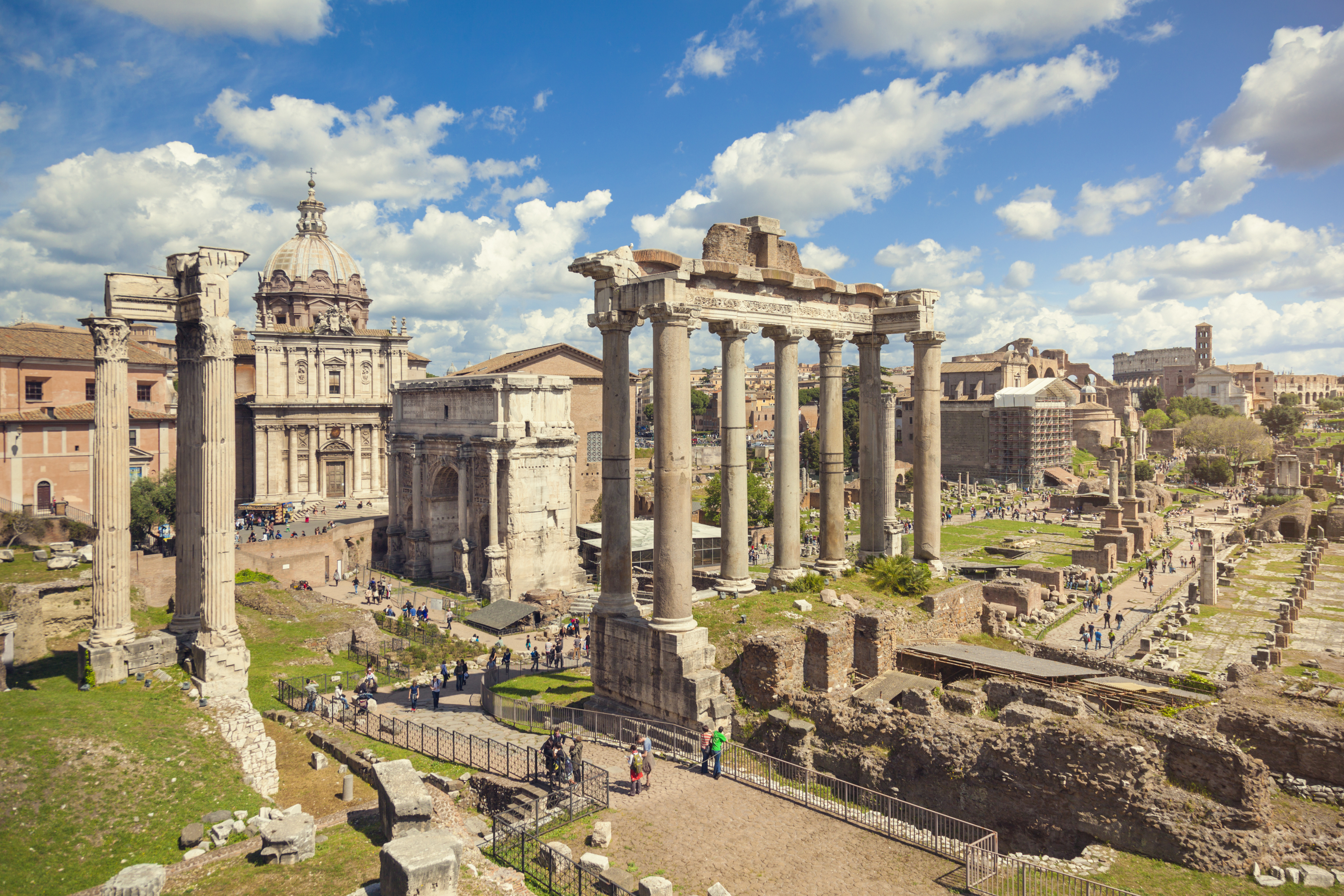 Forum Romanum in Rome, Italy. In a distance Colosseum.