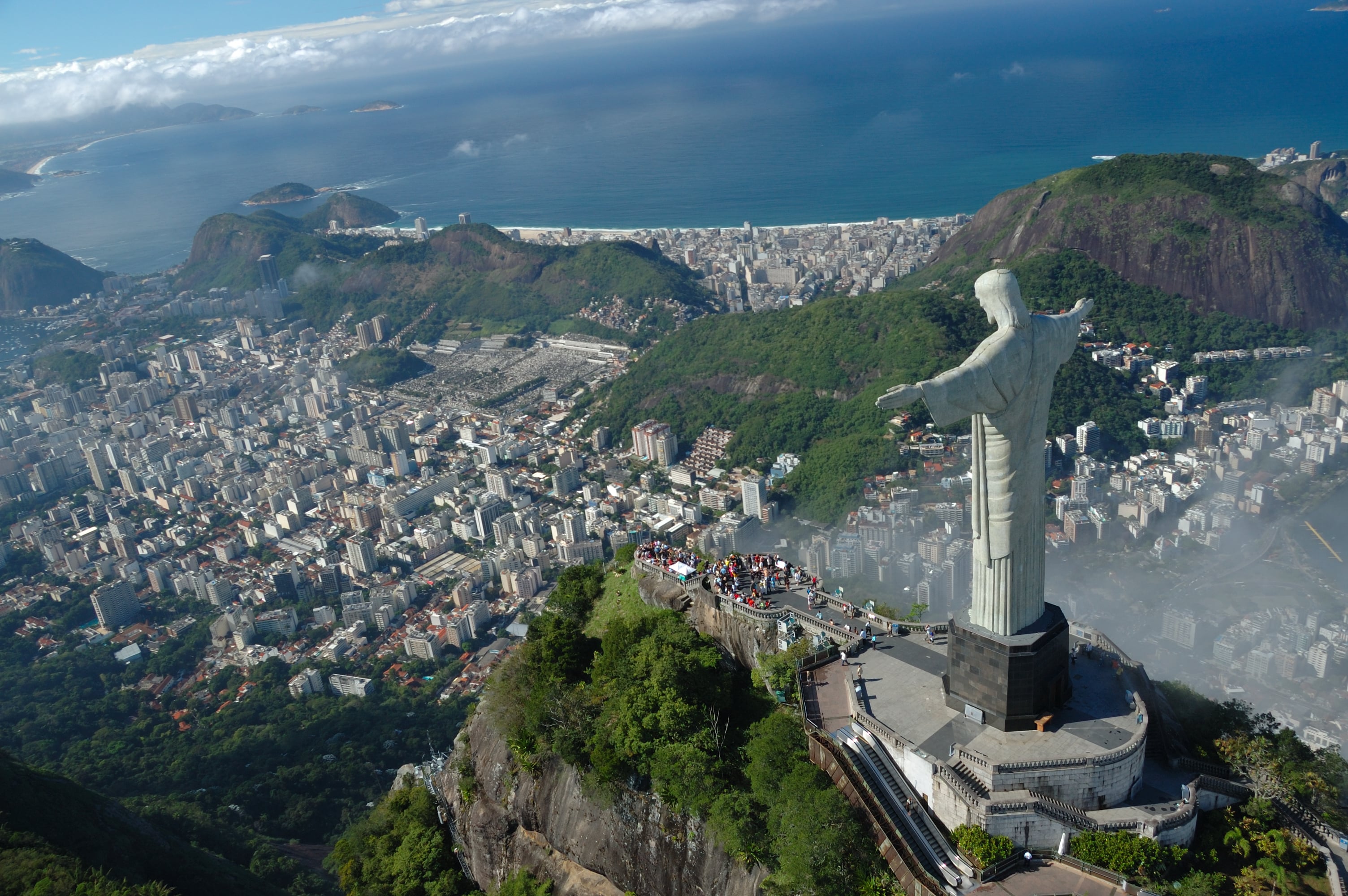 Statue of Christ the Redeemer in Rio de Janeiro captured on a beautiful spring day from a helicopter.