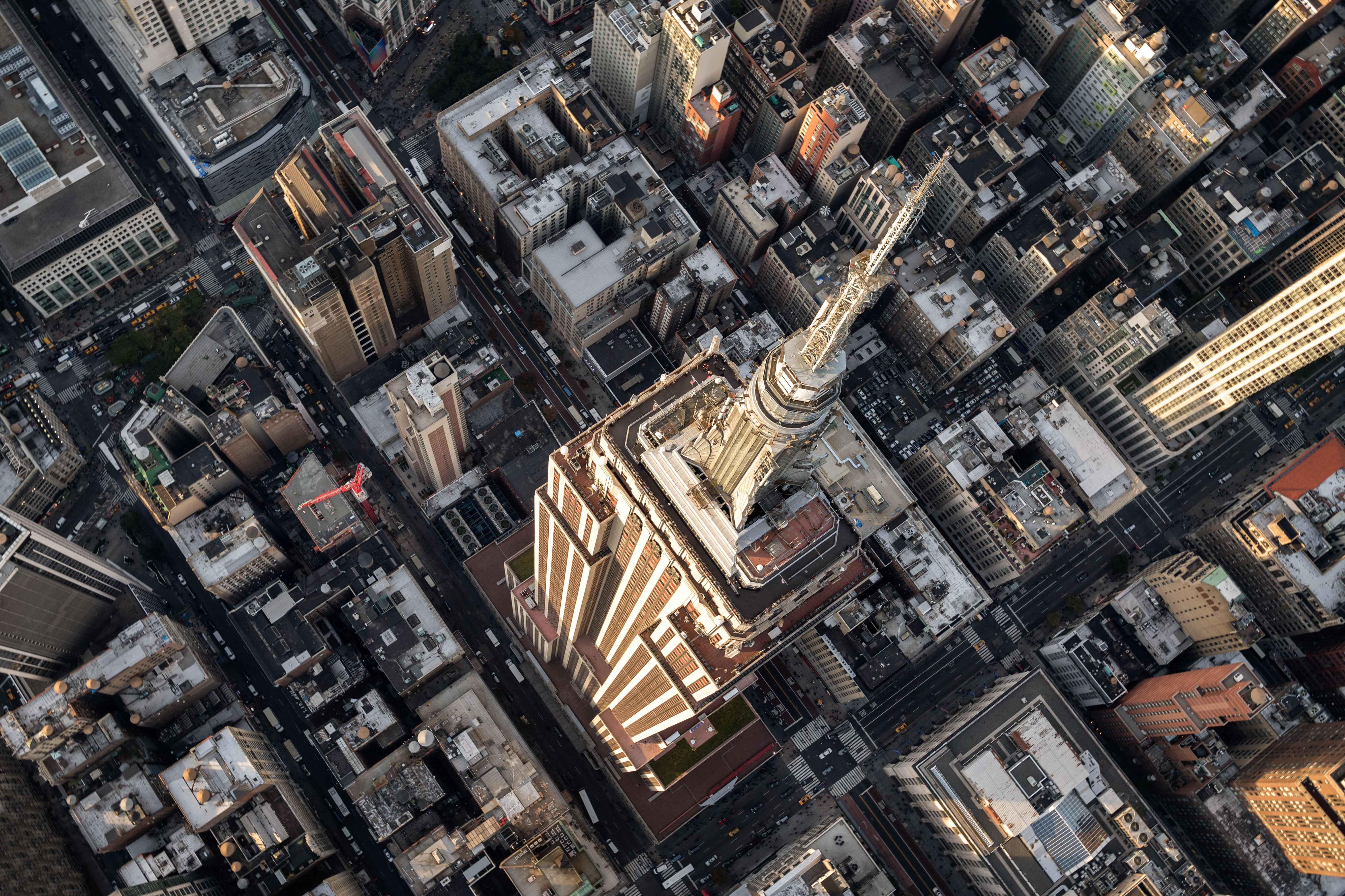 Helicopter point of view of Empire State Building